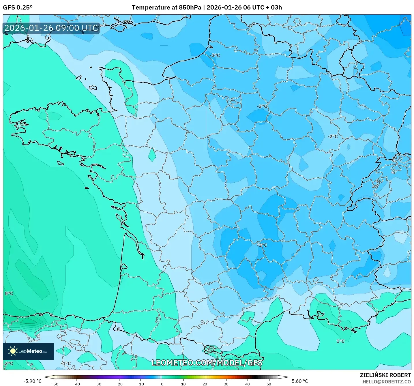 GFS model - Fransa, 850 hPa Sıcaklık