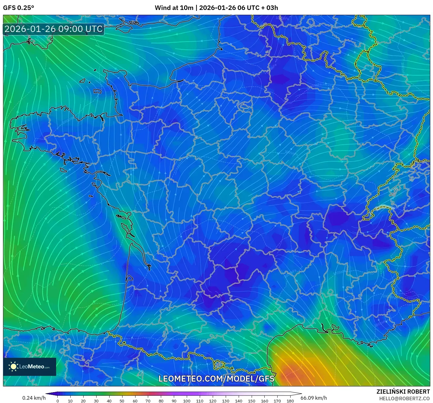 GFS model - Fransa, 10 m Rüzgâr