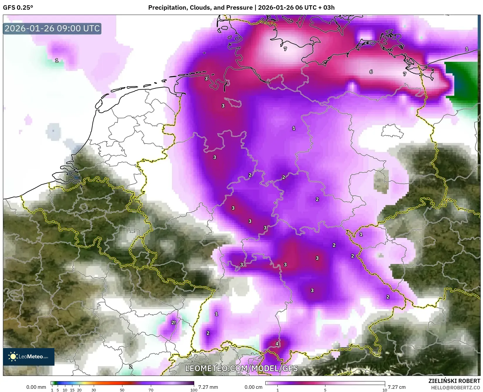 GFS model - Almanya, Yağış, Bulut ve Basınç