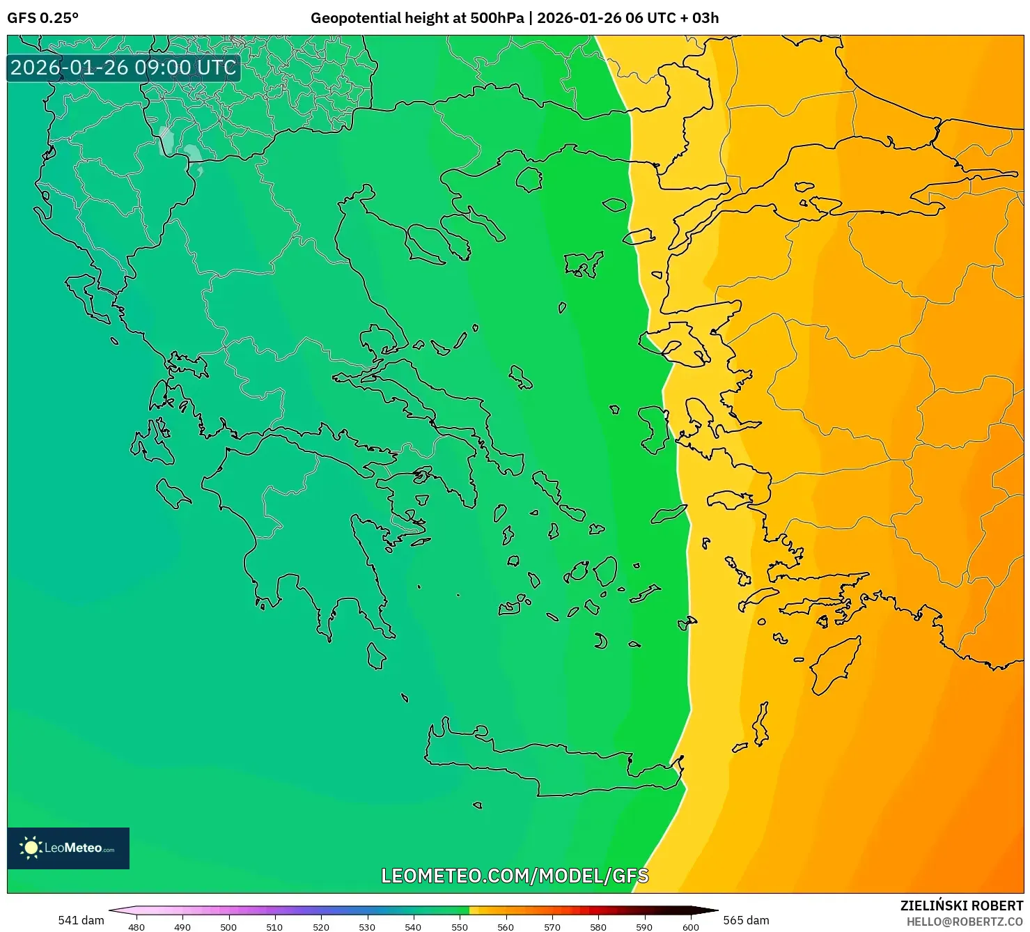 GFS model - Yunanistan, 500 hPa’da jeopotansiyel yükseklik