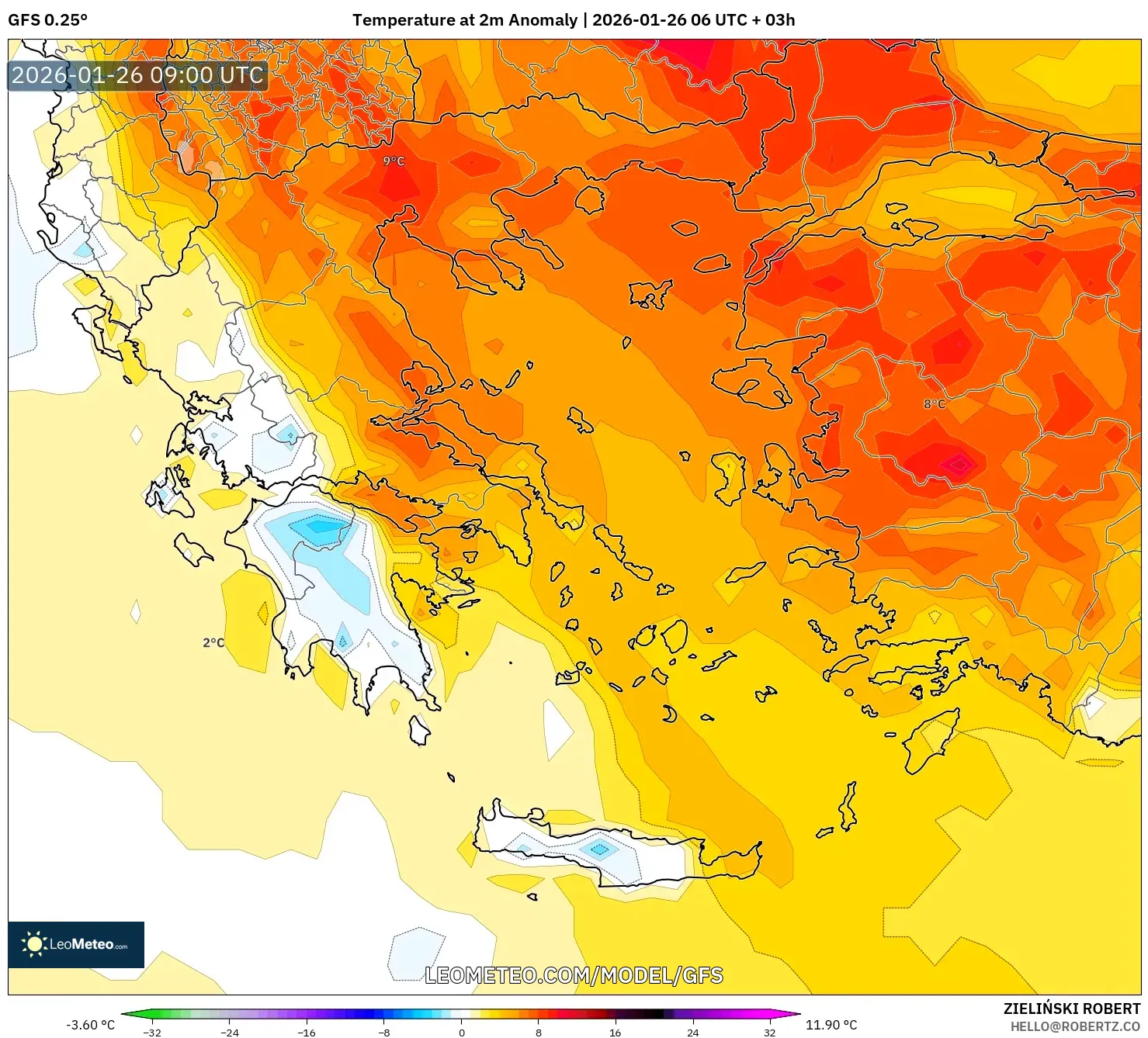 GFS model - Yunanistan, 2 m Sıcaklık Anomalisi