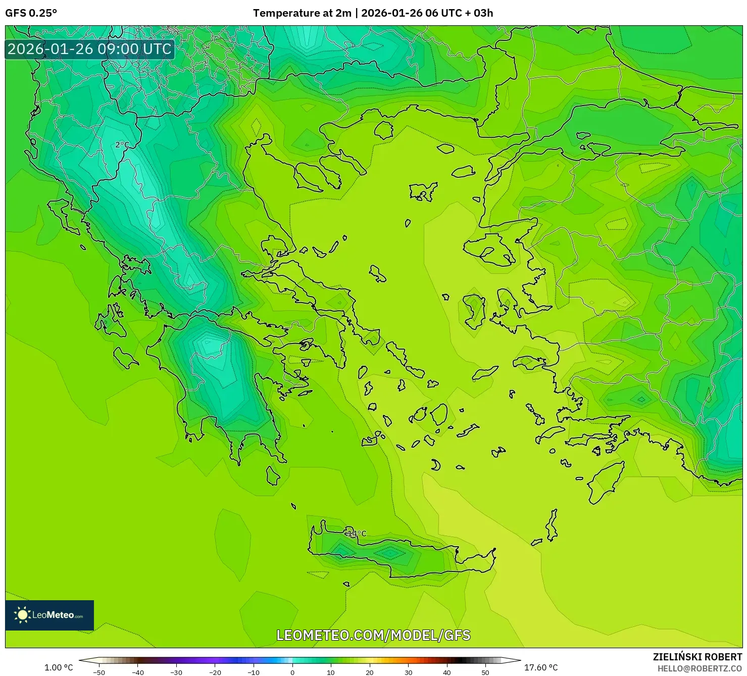GFS model - Yunanistan, 2 m Sıcaklık