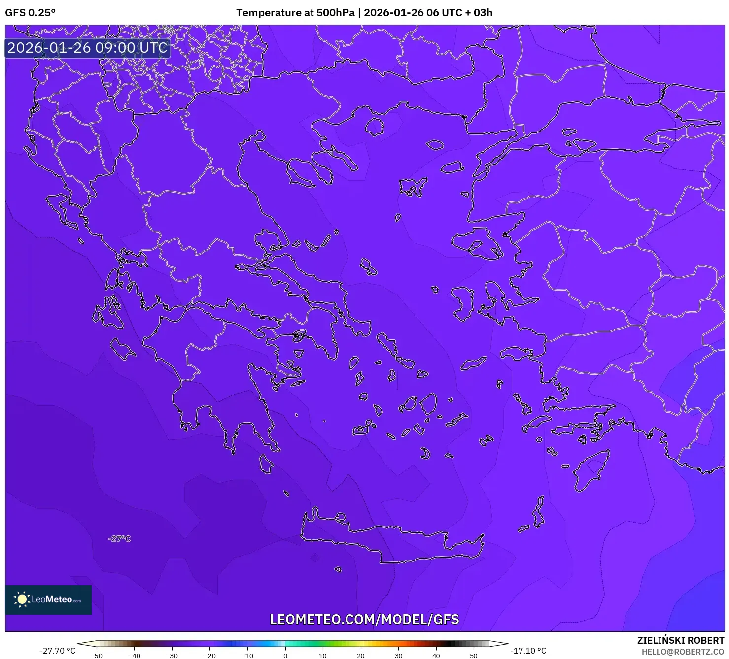 GFS model - Yunanistan, 500 hPa Sıcaklık