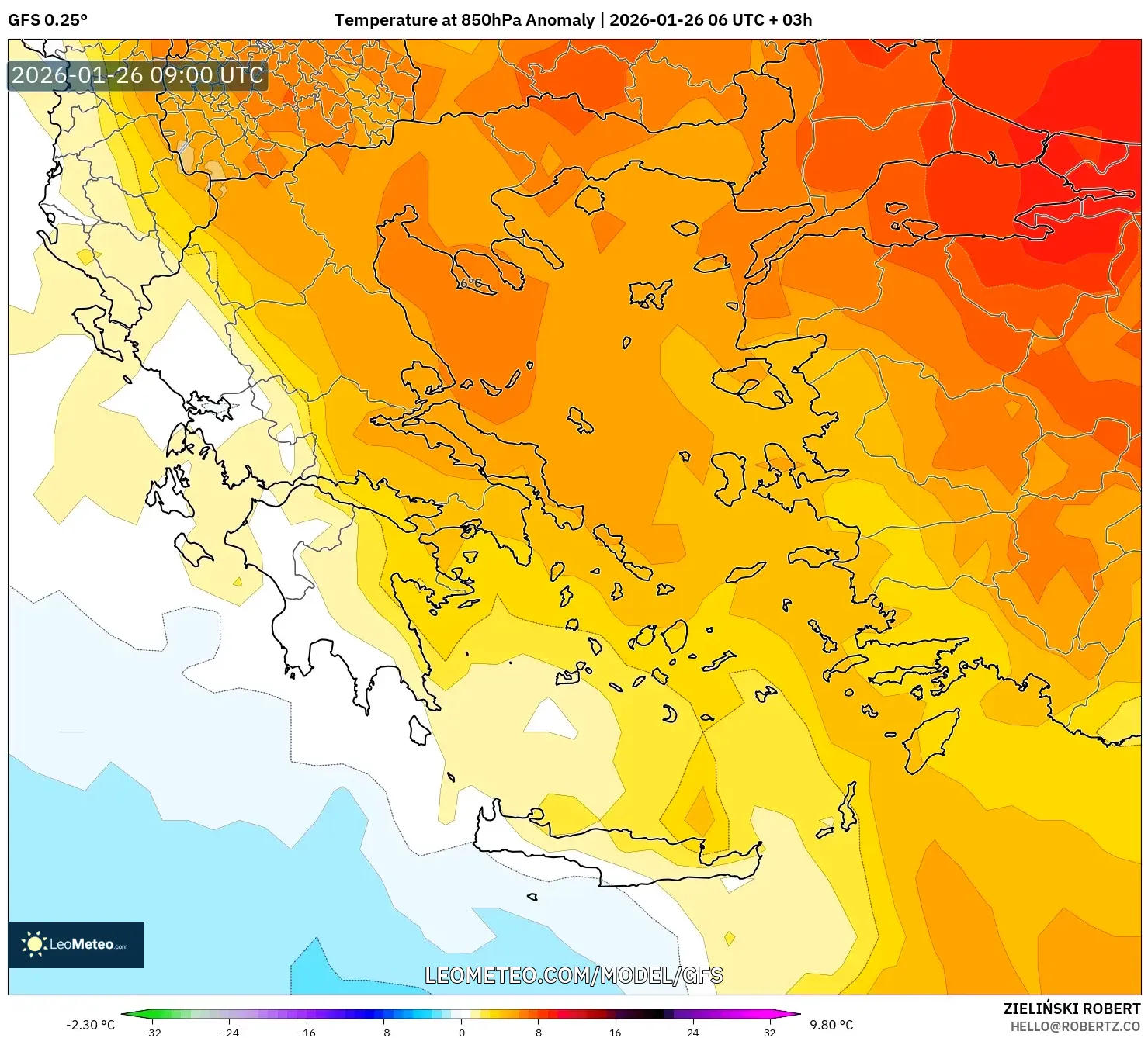 GFS model - Yunanistan, 850 hPa Sıcaklık Anomalisi