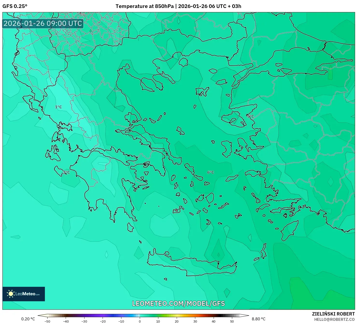 GFS model - Yunanistan, 850 hPa Sıcaklık