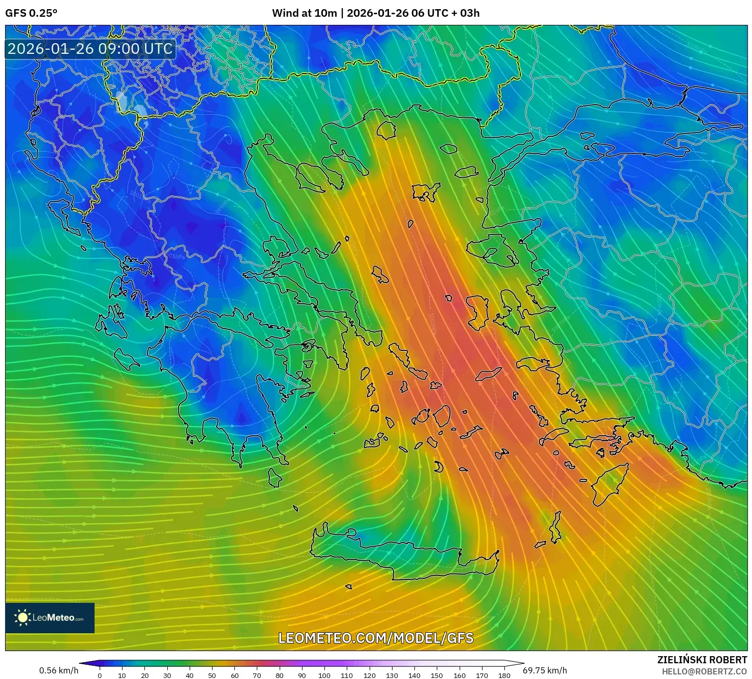 GFS model - Yunanistan, 10 m Rüzgâr