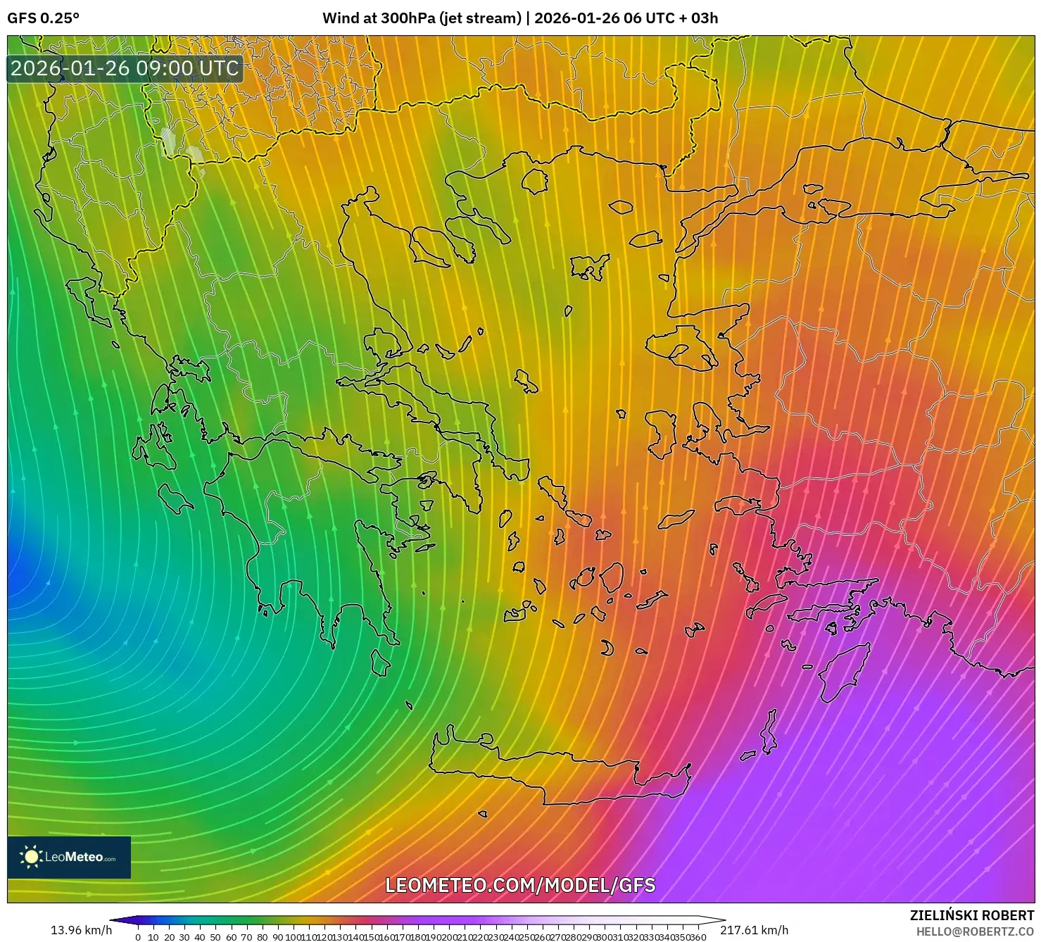 GFS model - Yunanistan, 300 hPa Rüzgârı (jet)