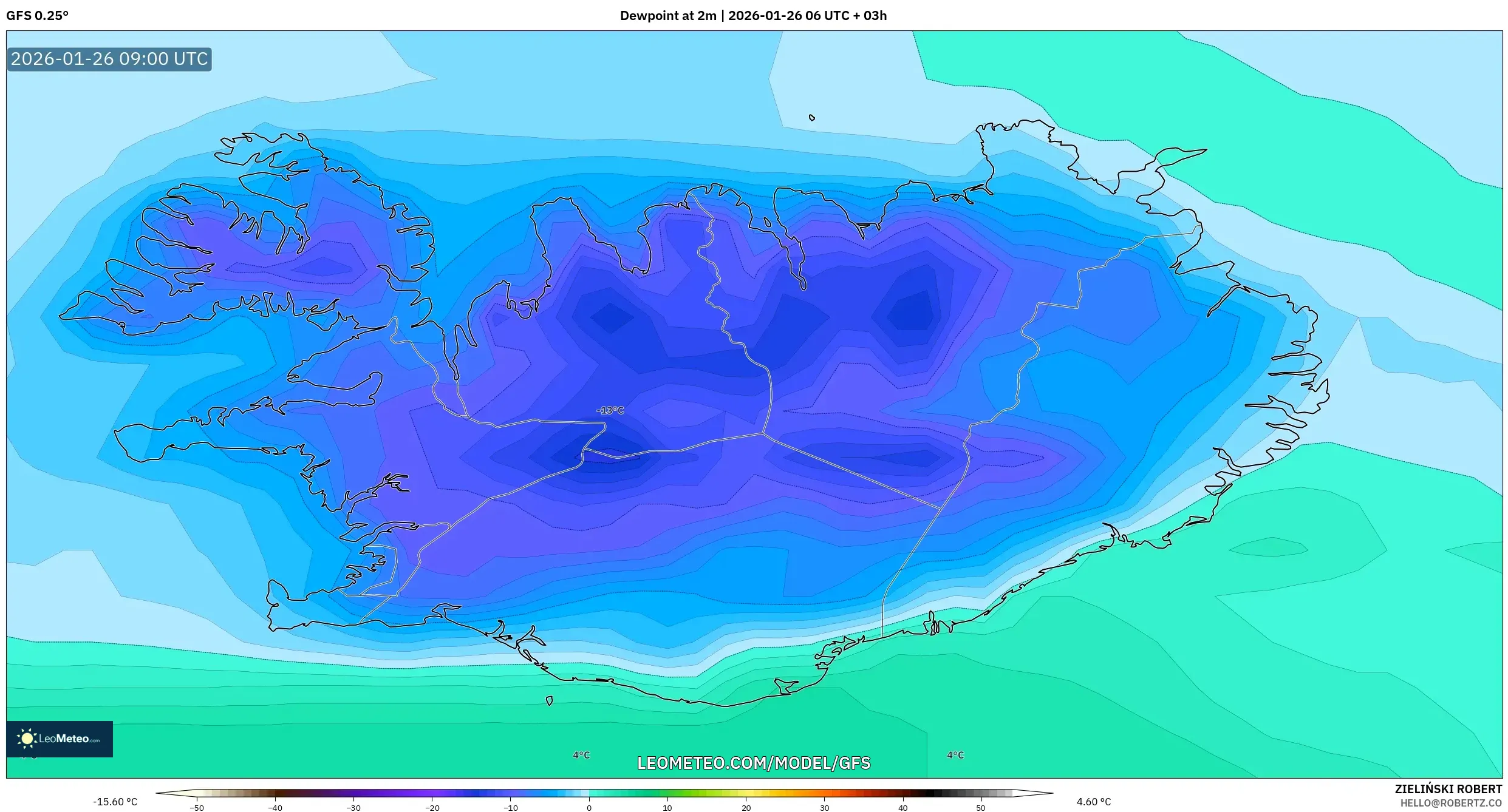 GFS model - İzlanda, 2 m Çiy Noktası