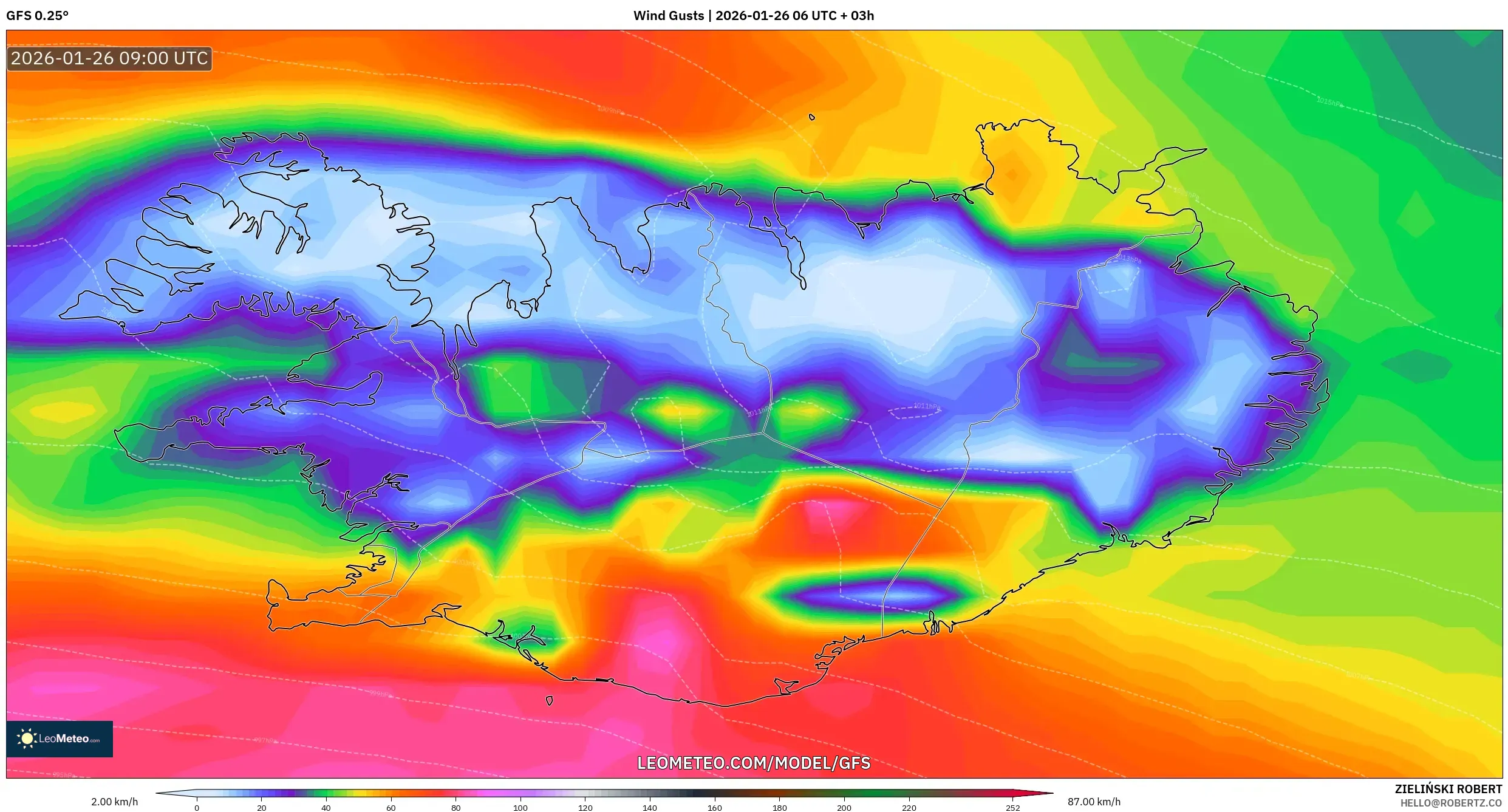 GFS model - İzlanda, Rüzgâr Esintileri
