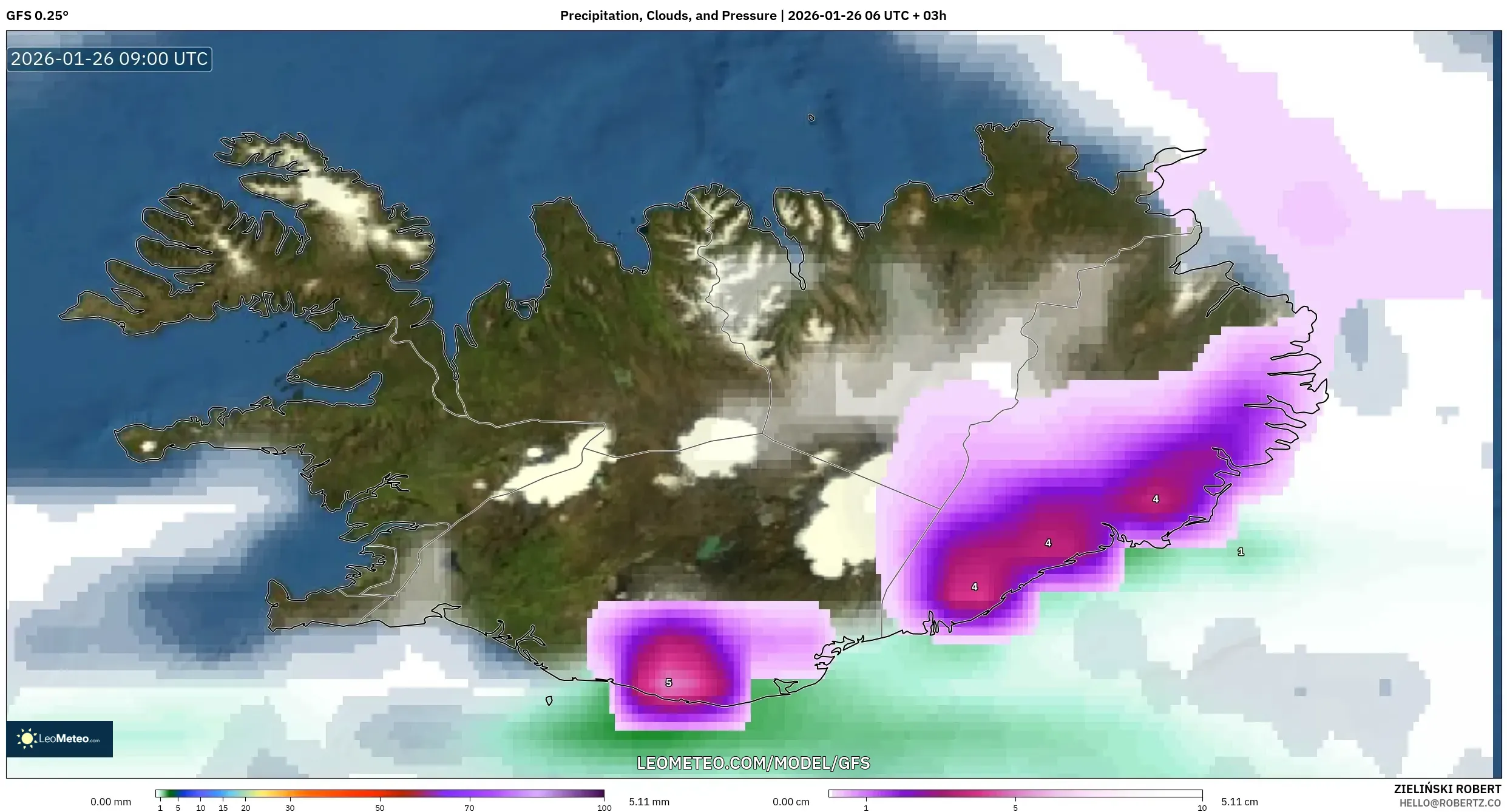 GFS model - İzlanda, Yağış, Bulut ve Basınç