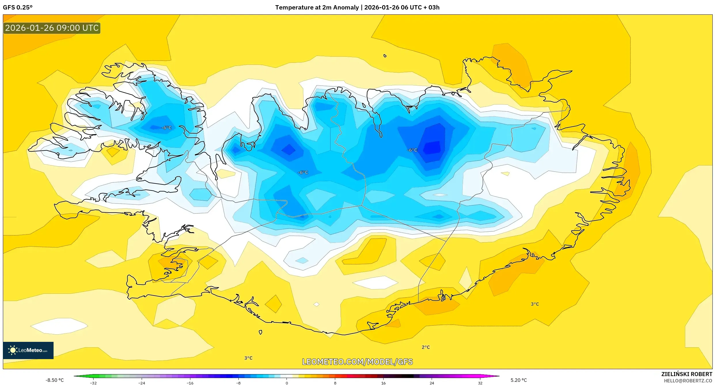 GFS model - İzlanda, 2 m Sıcaklık Anomalisi