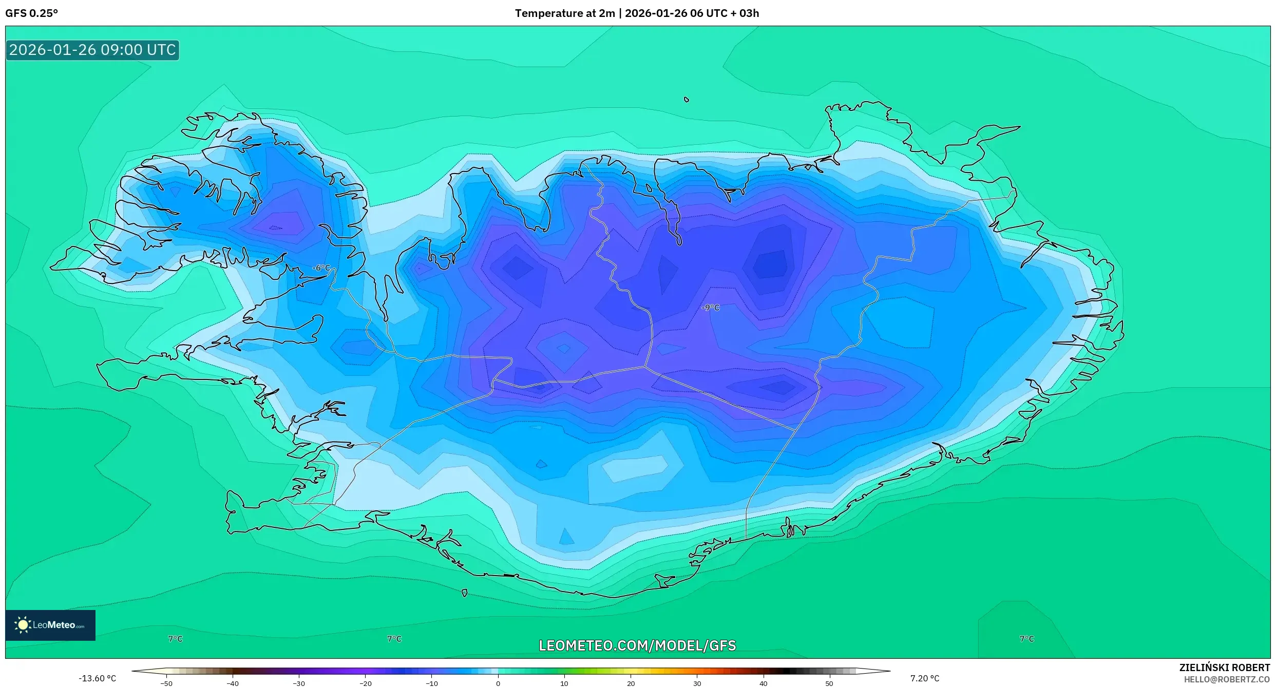 GFS model - İzlanda, 2 m Sıcaklık