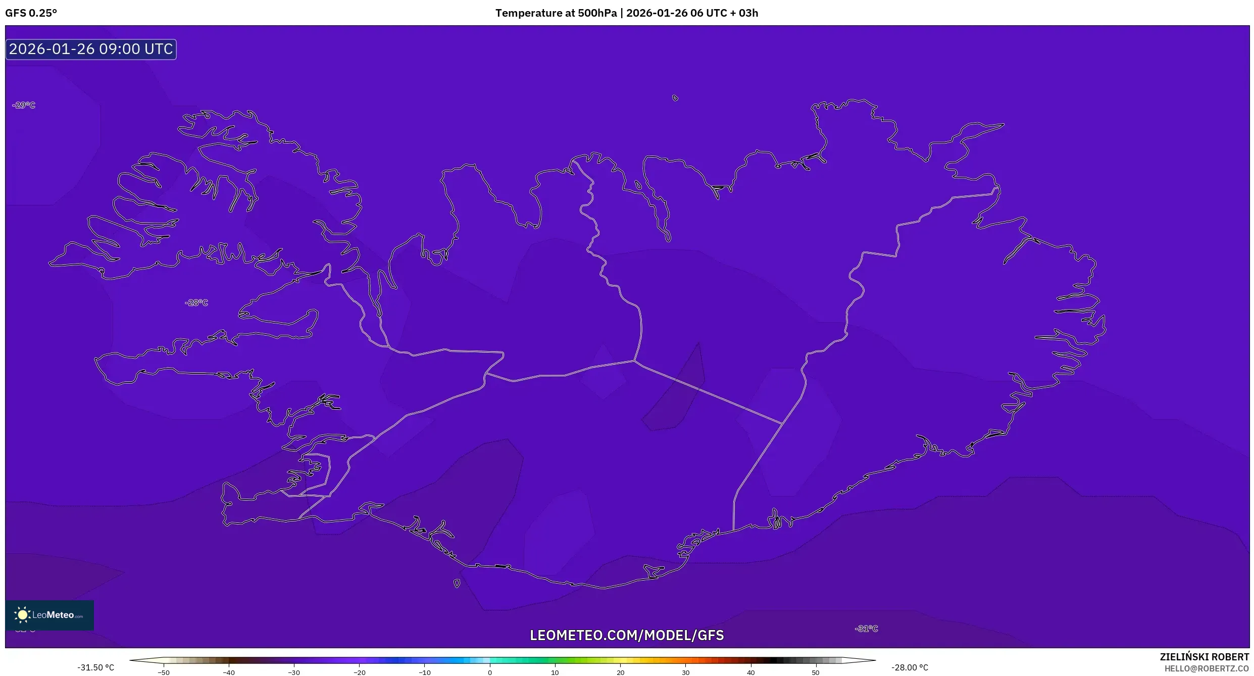 GFS model - İzlanda, 500 hPa Sıcaklık