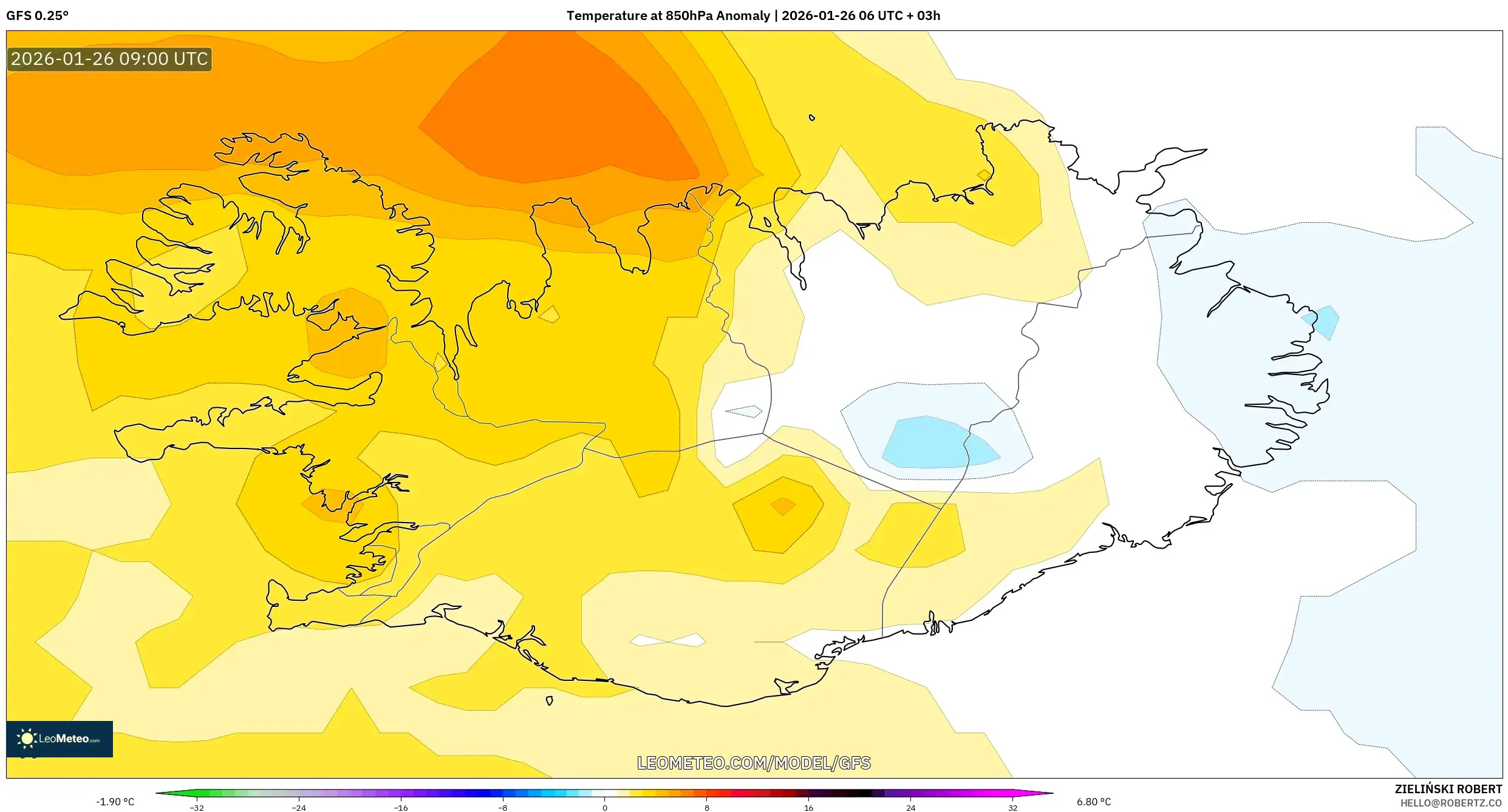 GFS model - İzlanda, 850 hPa Sıcaklık Anomalisi