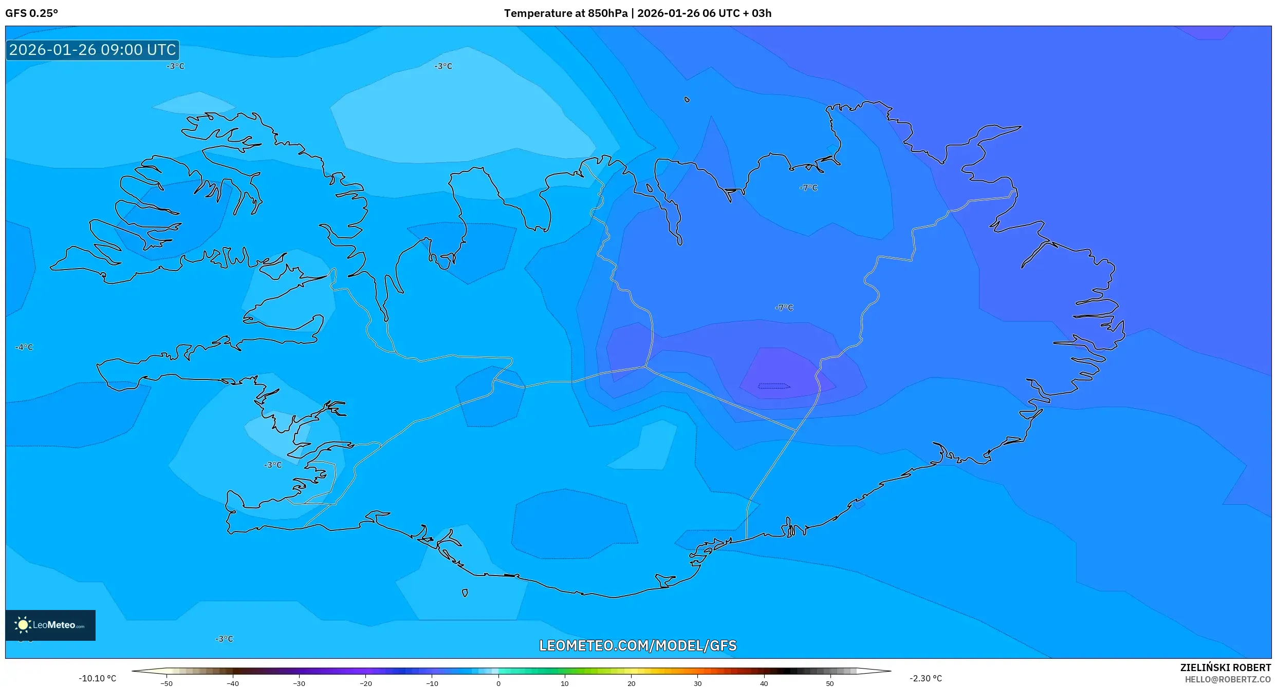 GFS model - İzlanda, 850 hPa Sıcaklık