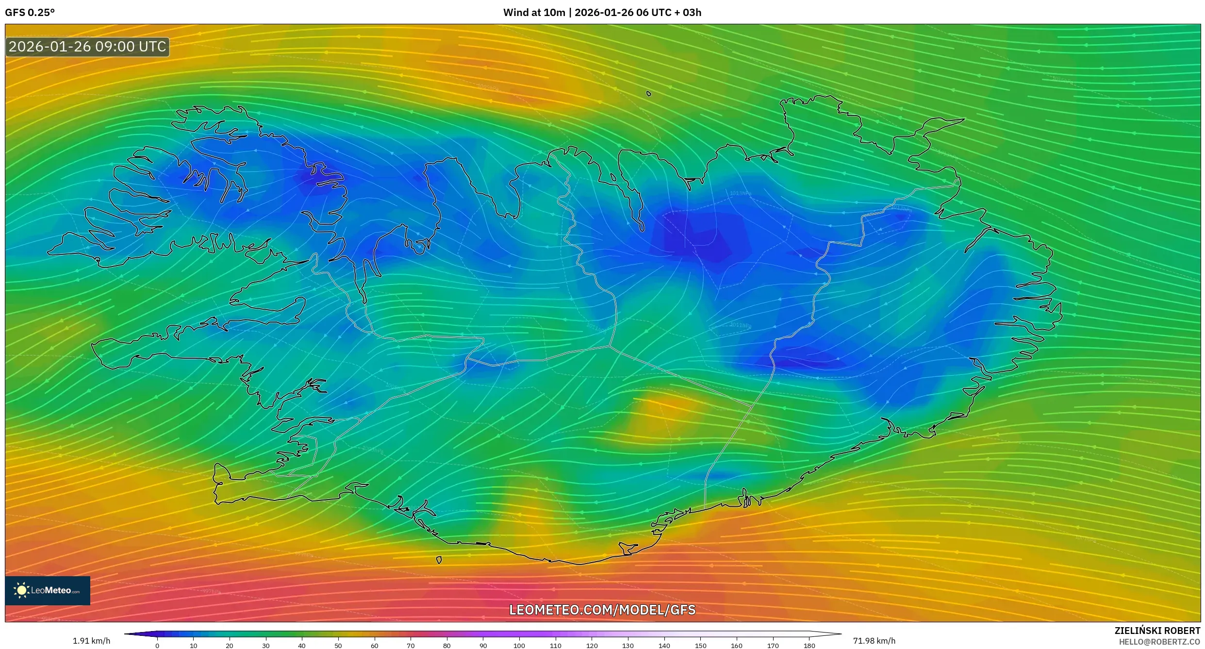 GFS model - İzlanda, 10 m Rüzgâr