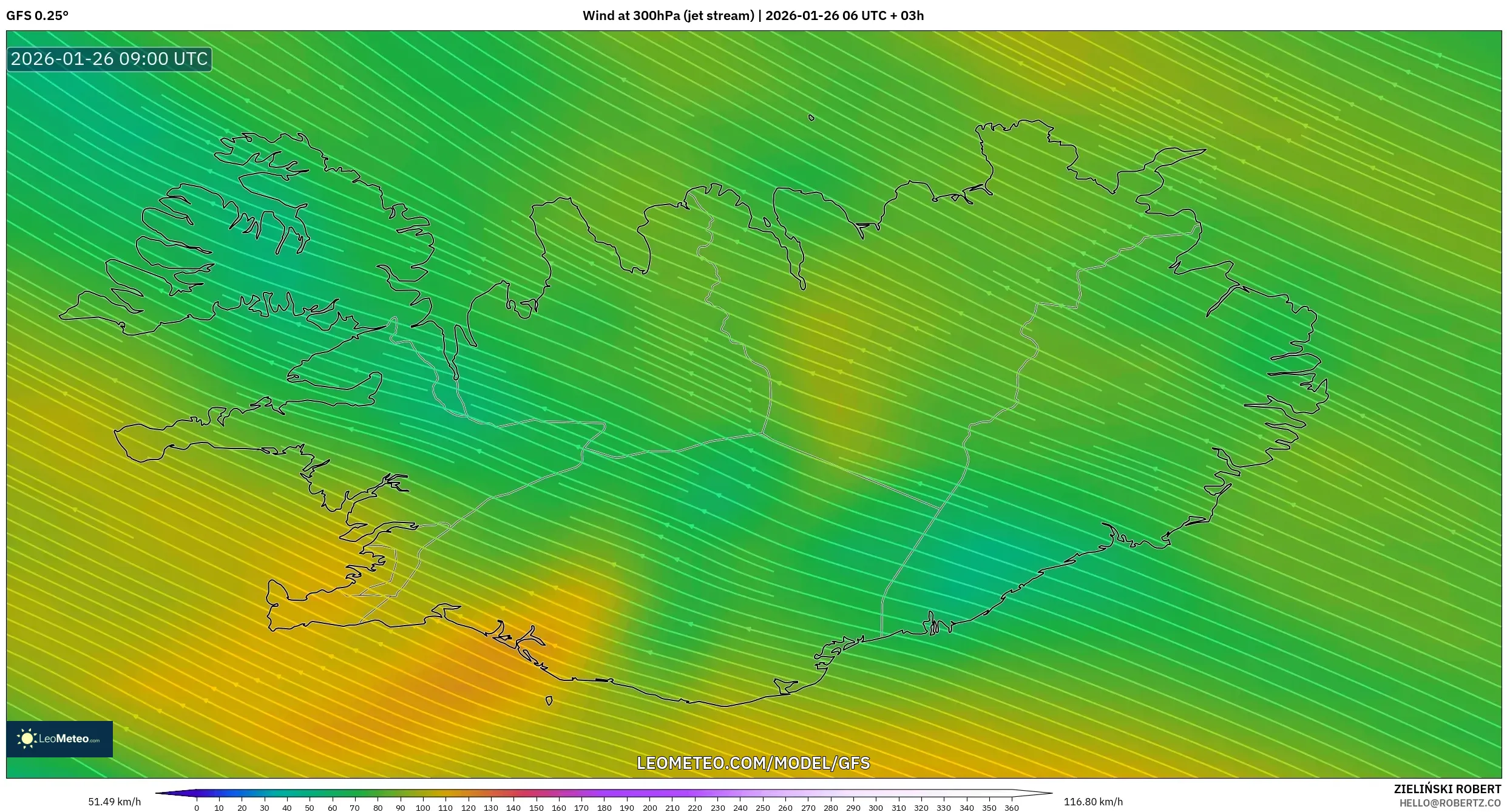 GFS model - İzlanda, 300 hPa Rüzgârı (jet)