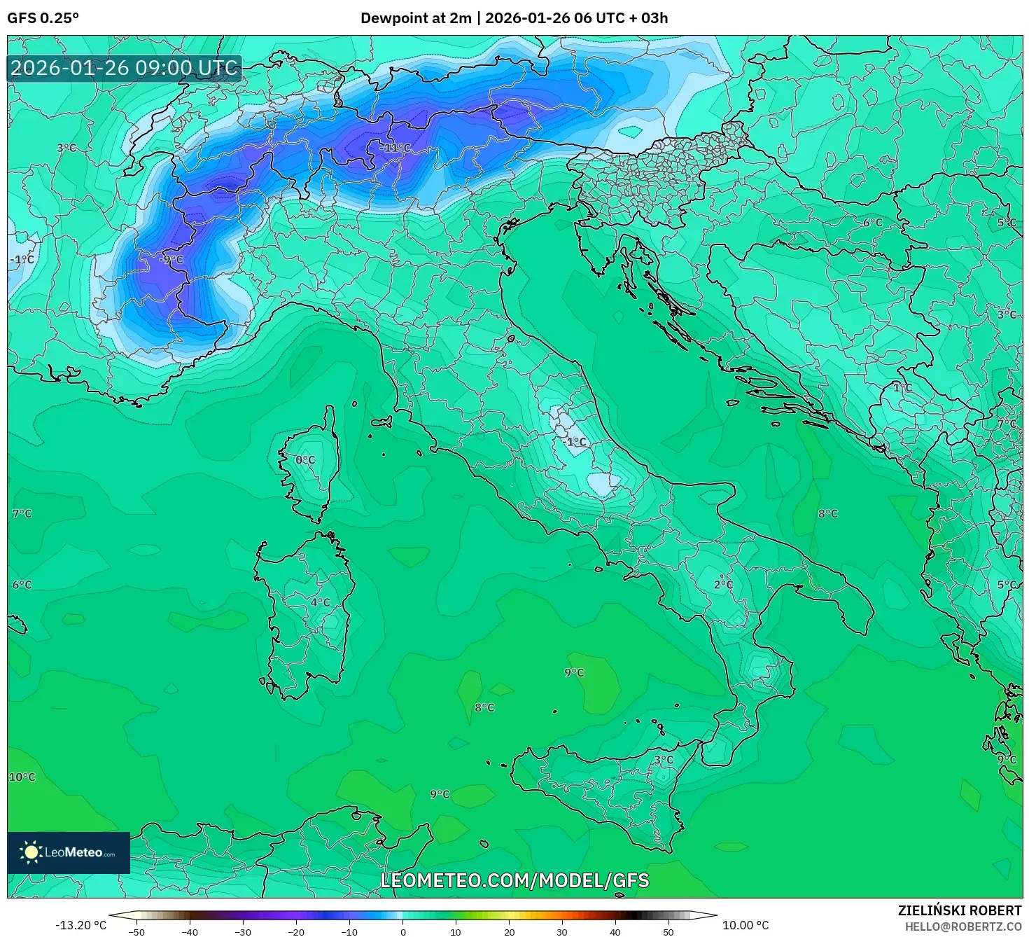 GFS model - İtalya, 2 m Çiy Noktası