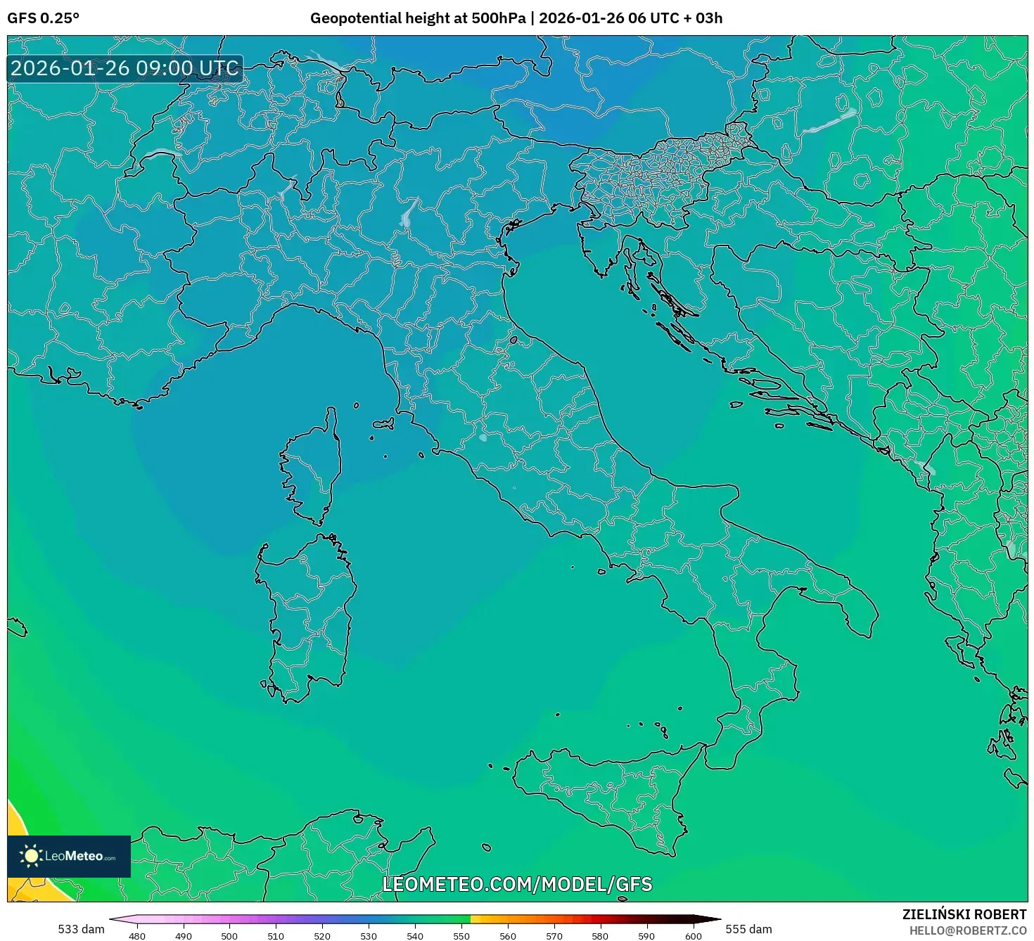 GFS model - İtalya, 500 hPa’da jeopotansiyel yükseklik