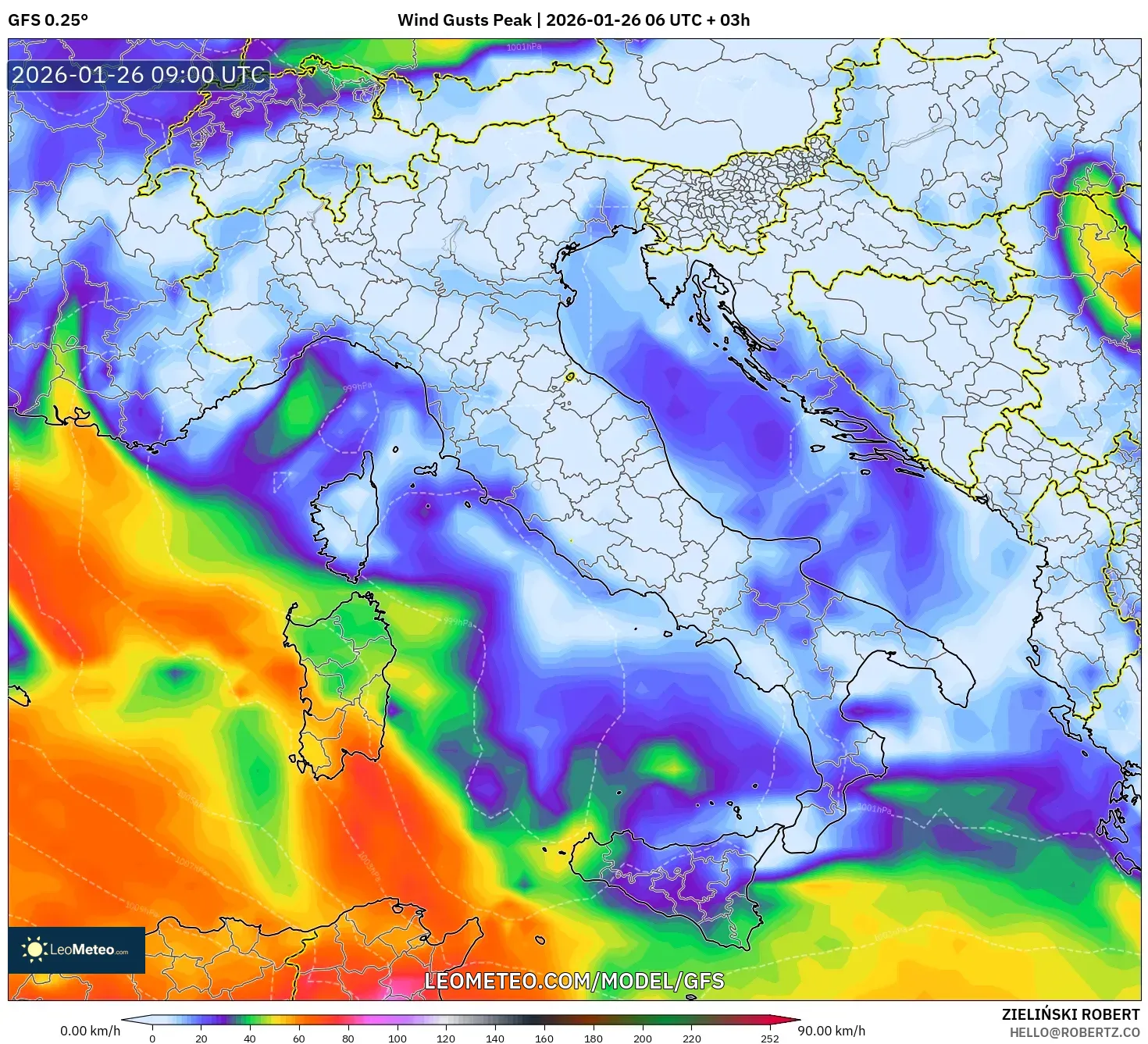 GFS model - İtalya, En Yüksek Rüzgâr