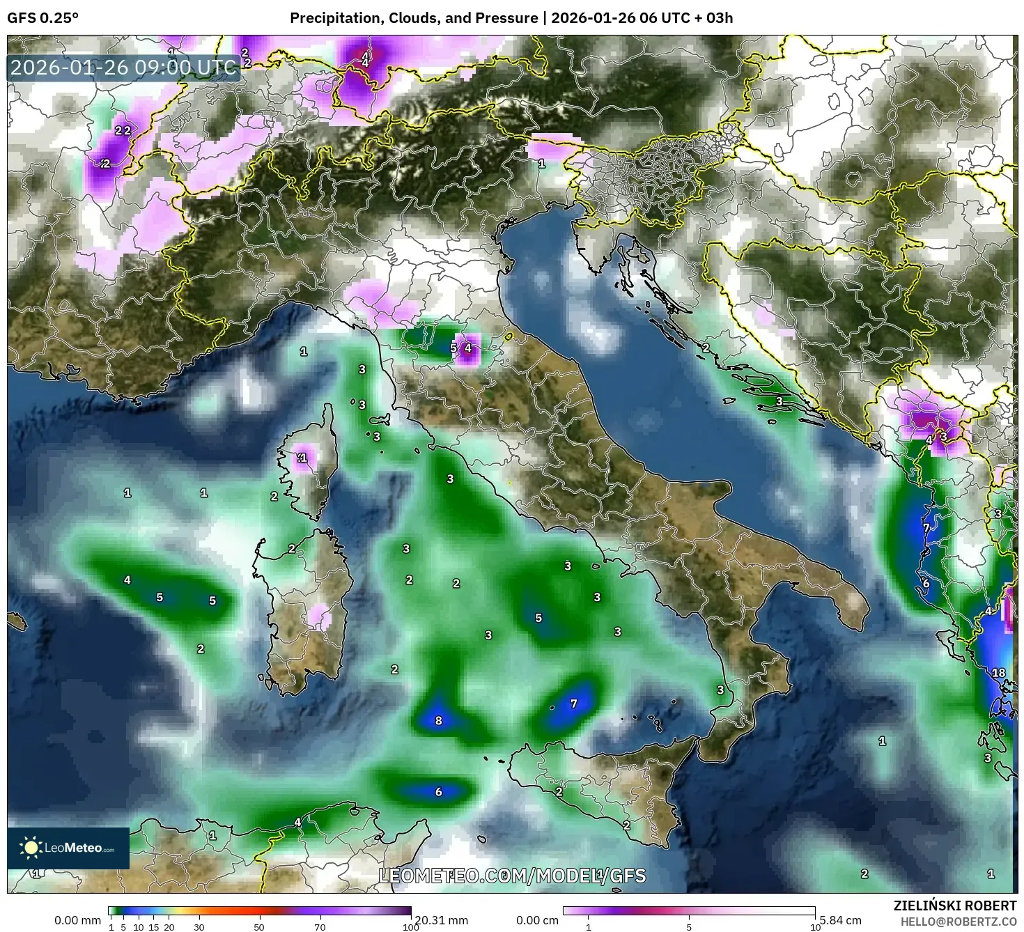 GFS model - İtalya, Yağış, Bulut ve Basınç
