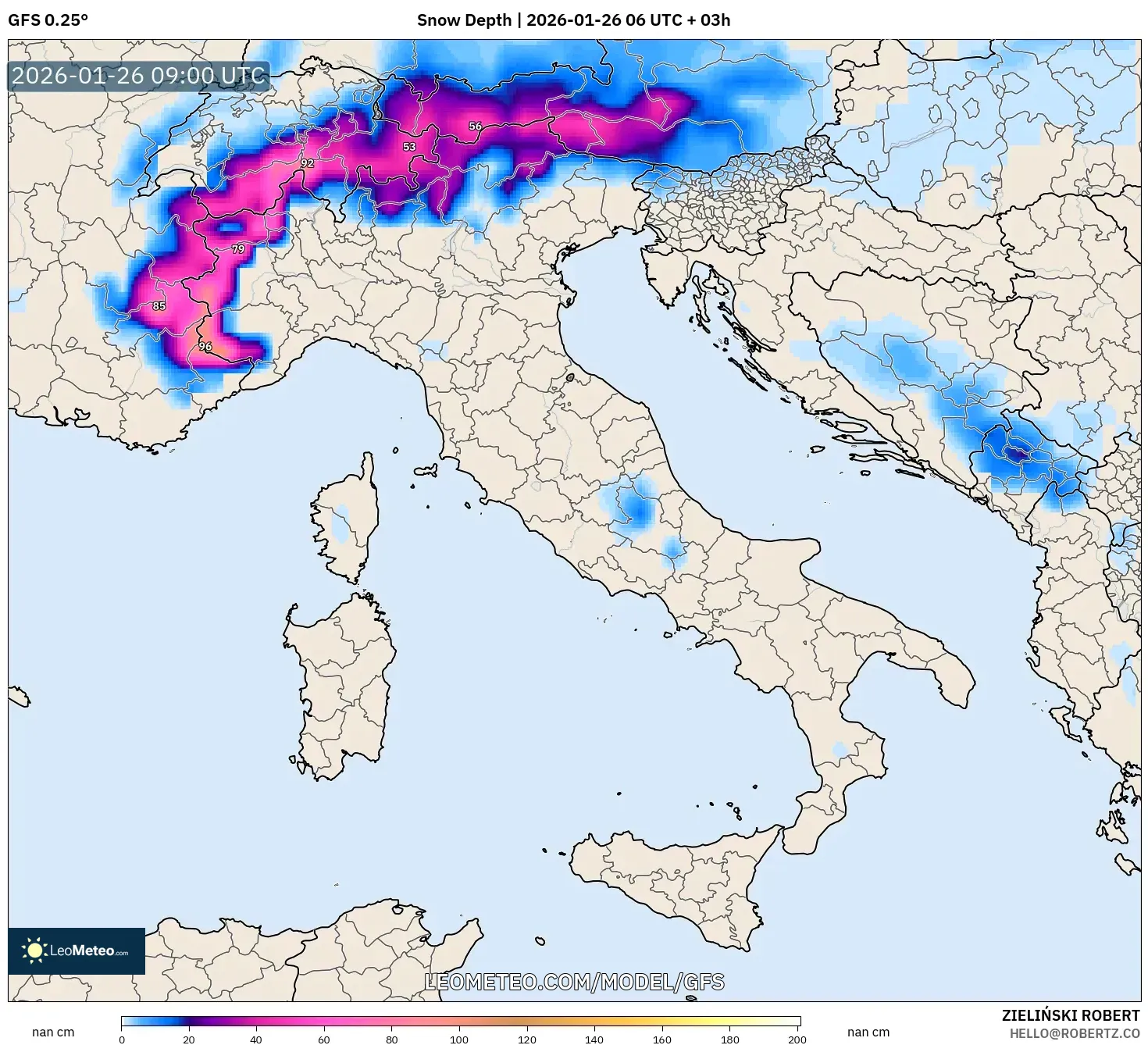 GFS model - İtalya, Kar Kalınlığı