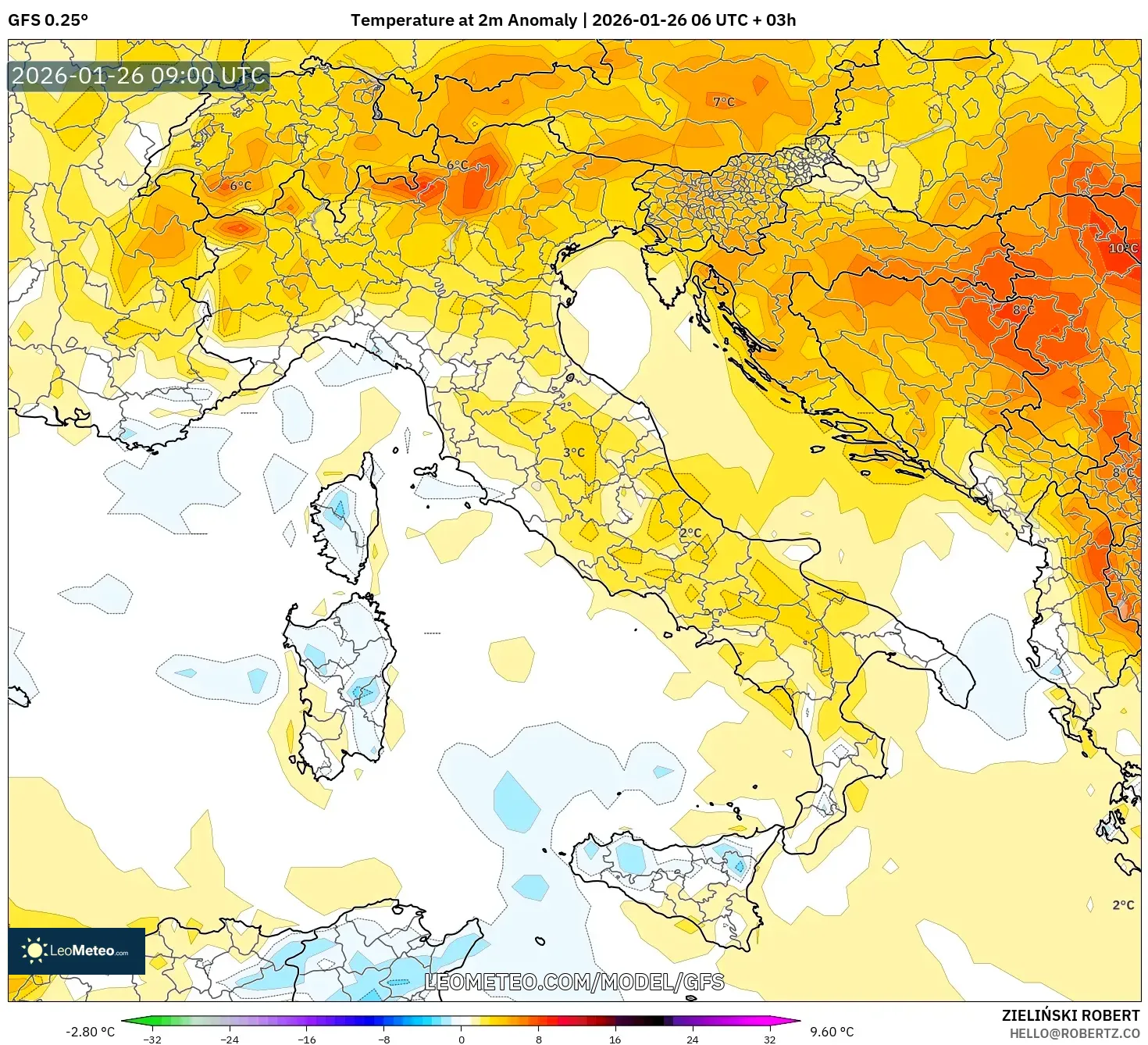 GFS model - İtalya, 2 m Sıcaklık Anomalisi