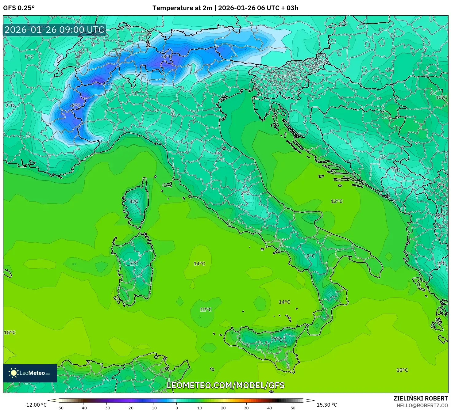 GFS model - İtalya, 2 m Sıcaklık