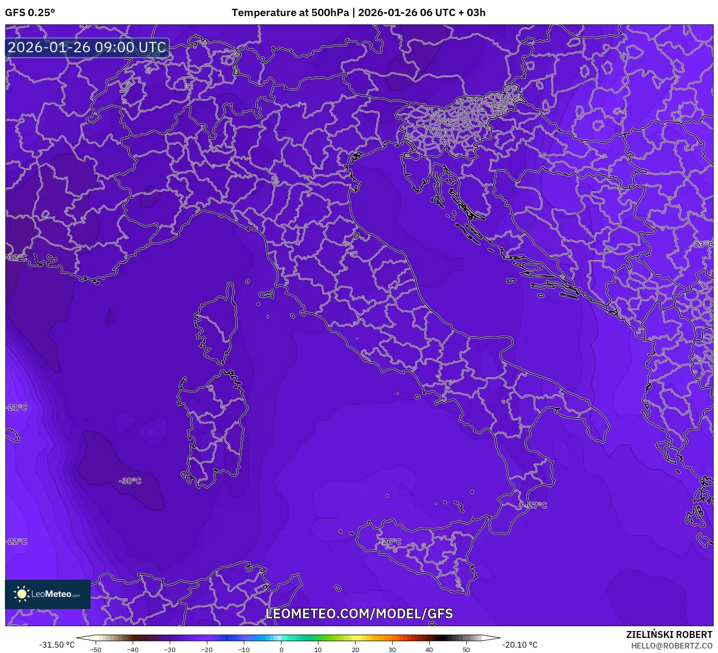 GFS model - İtalya, 500 hPa Sıcaklık