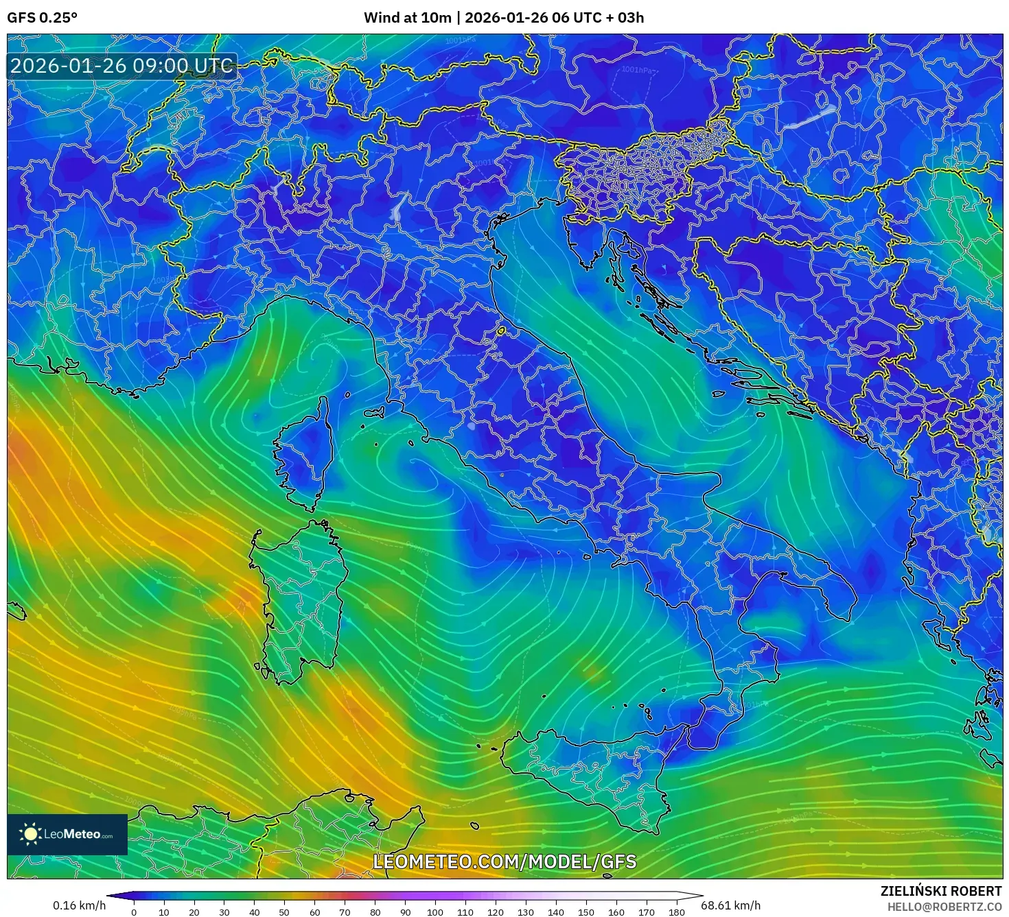 GFS model - İtalya, 10 m Rüzgâr