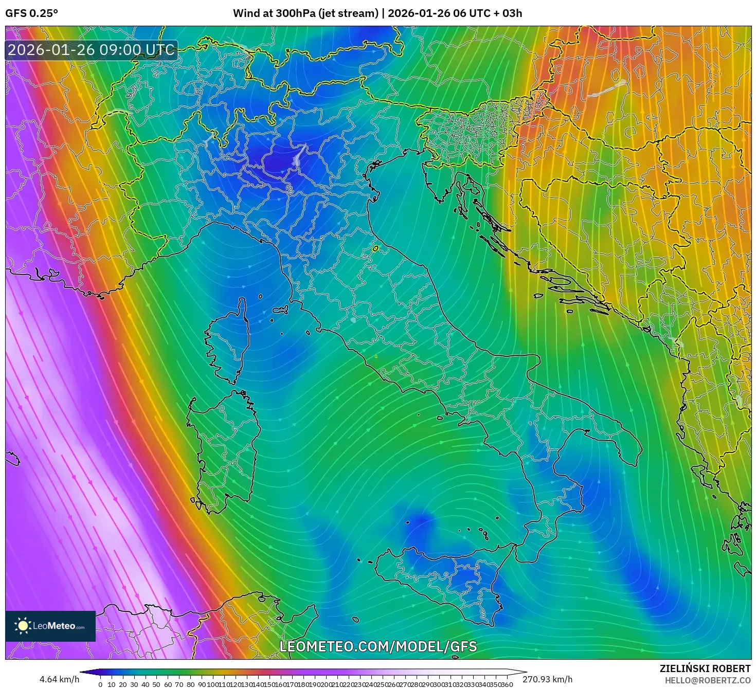 GFS model - İtalya, 300 hPa Rüzgârı (jet)