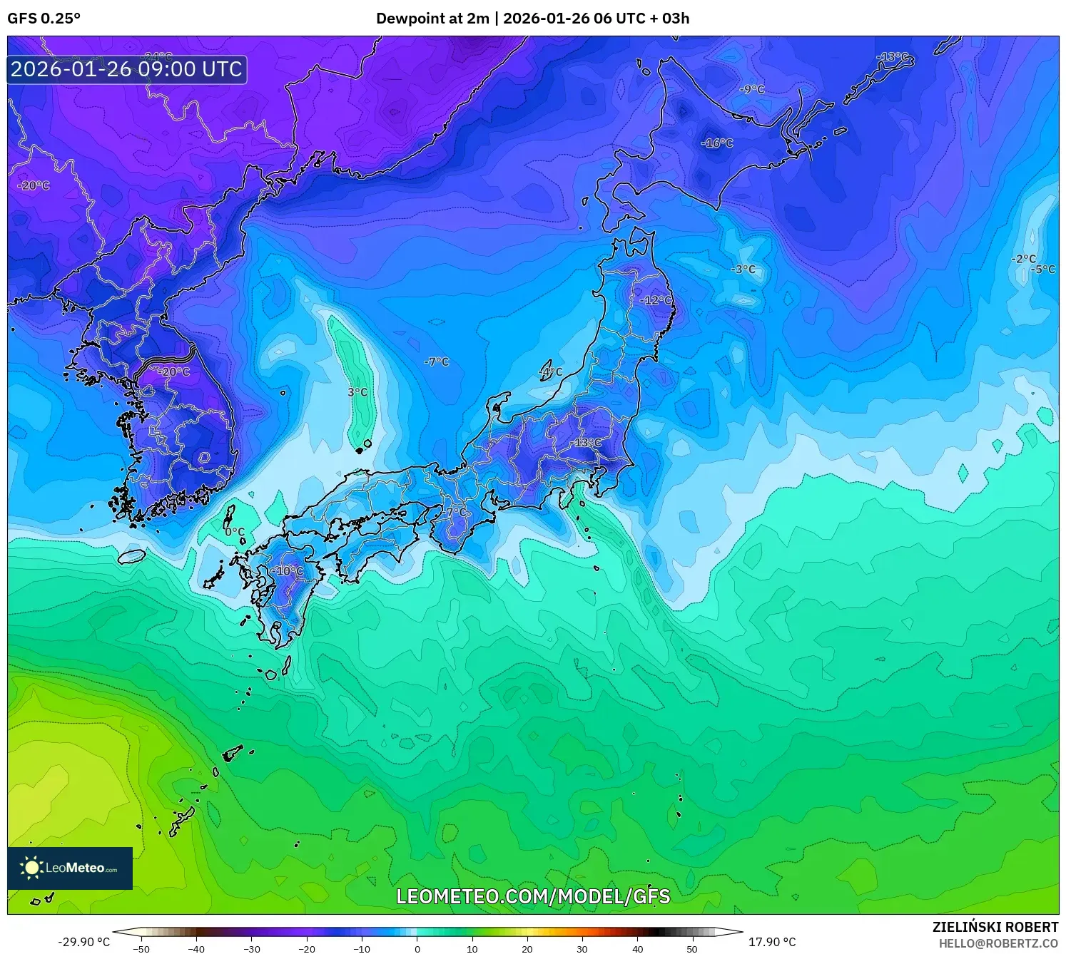 GFS model - Japonya, 2 m Çiy Noktası