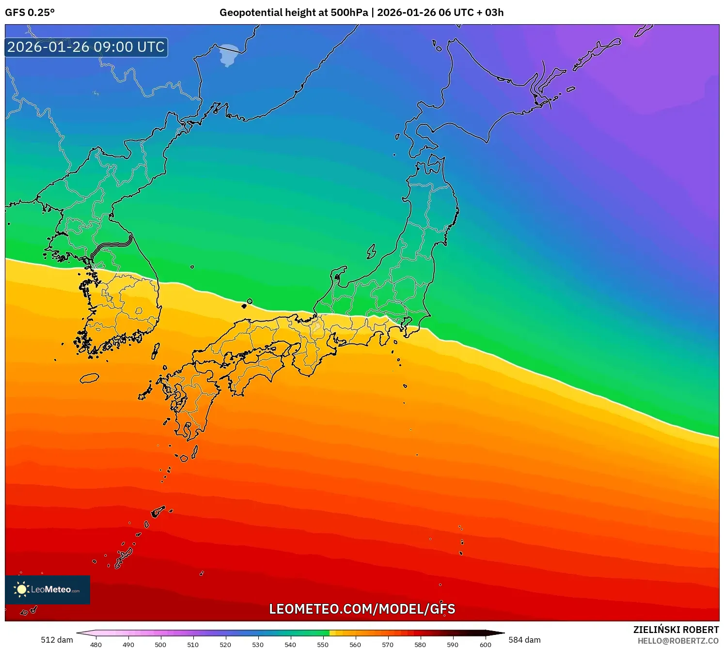 GFS model - Japonya, 500 hPa’da jeopotansiyel yükseklik