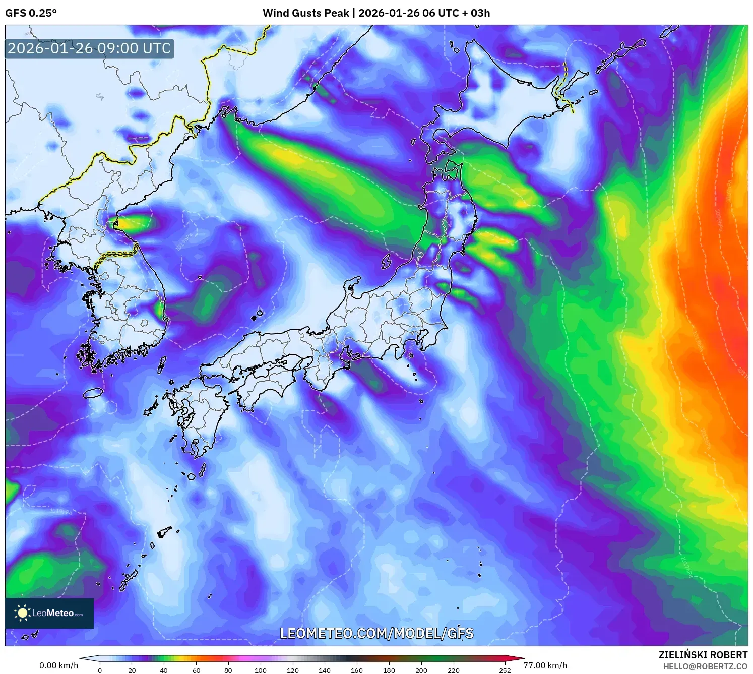 GFS model - Japonya, En Yüksek Rüzgâr