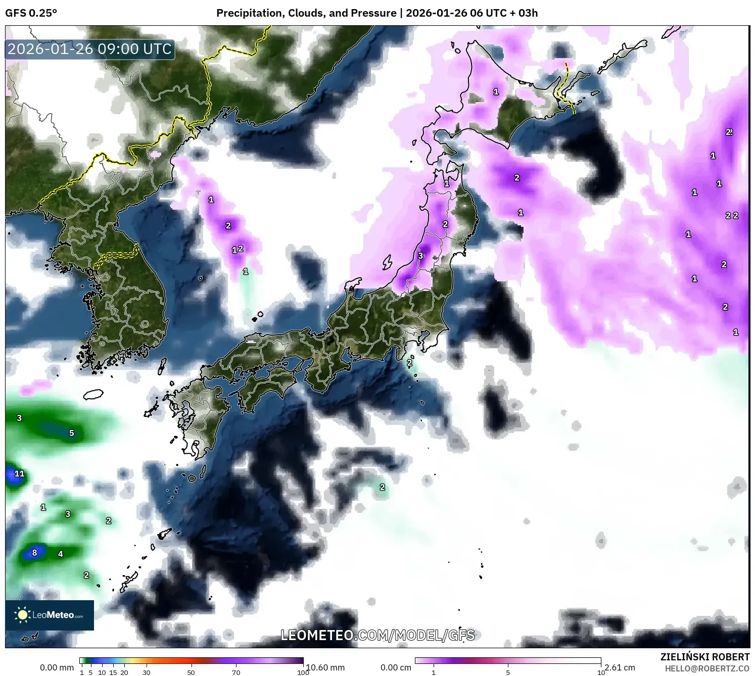 GFS model - Japonya, Yağış, Bulut ve Basınç