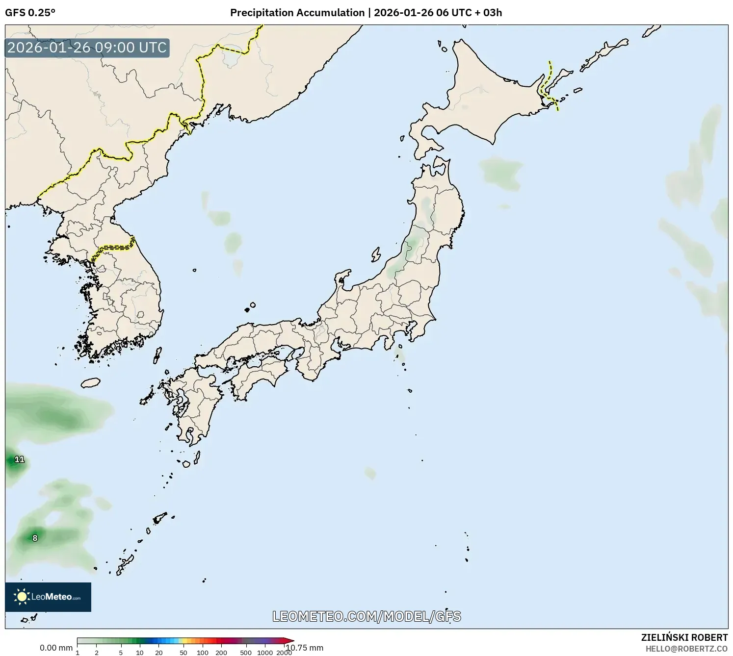 GFS model - Japonya, Yağış Birikimi