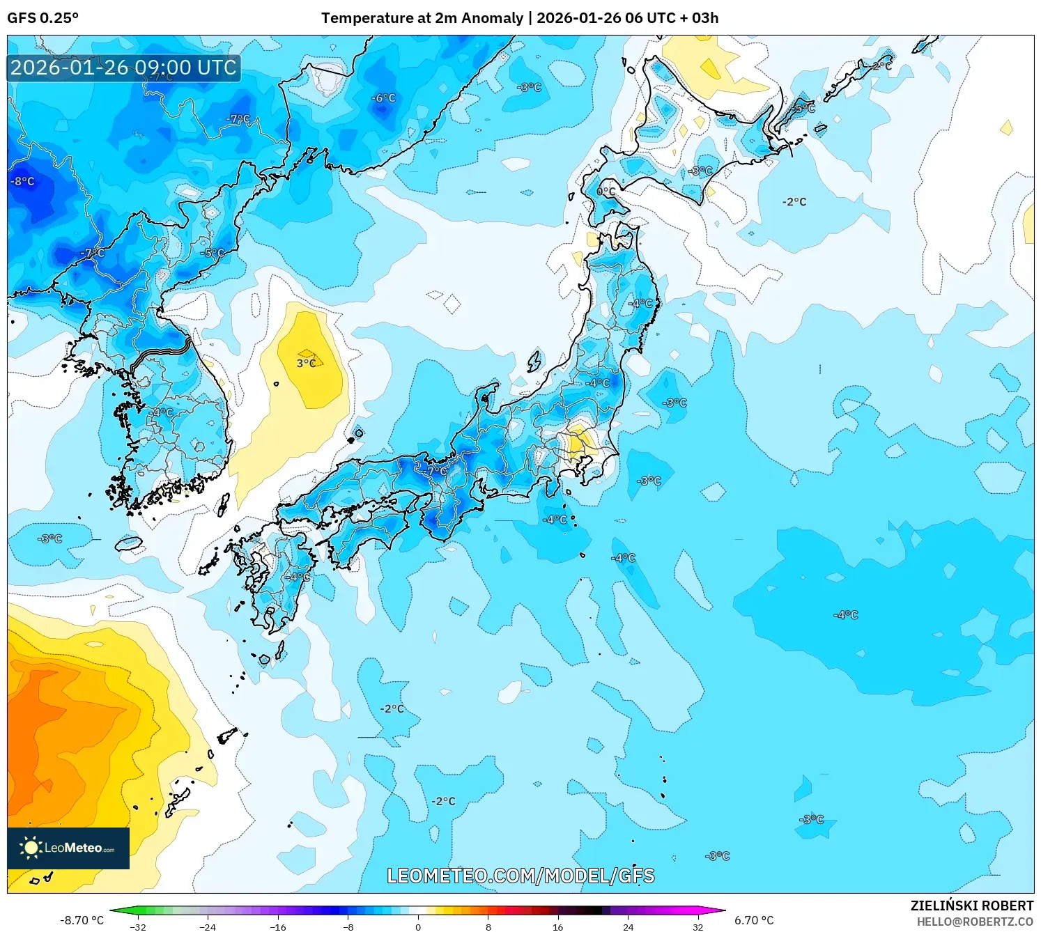 GFS model - Japonya, 2 m Sıcaklık Anomalisi