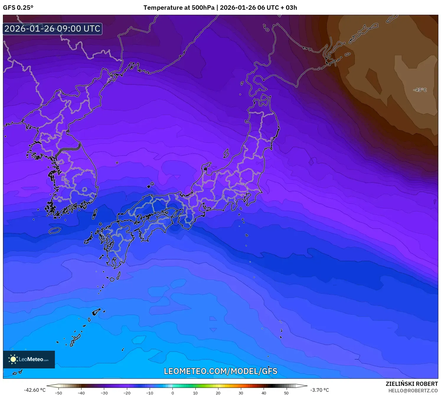 GFS model - Japonya, 500 hPa Sıcaklık