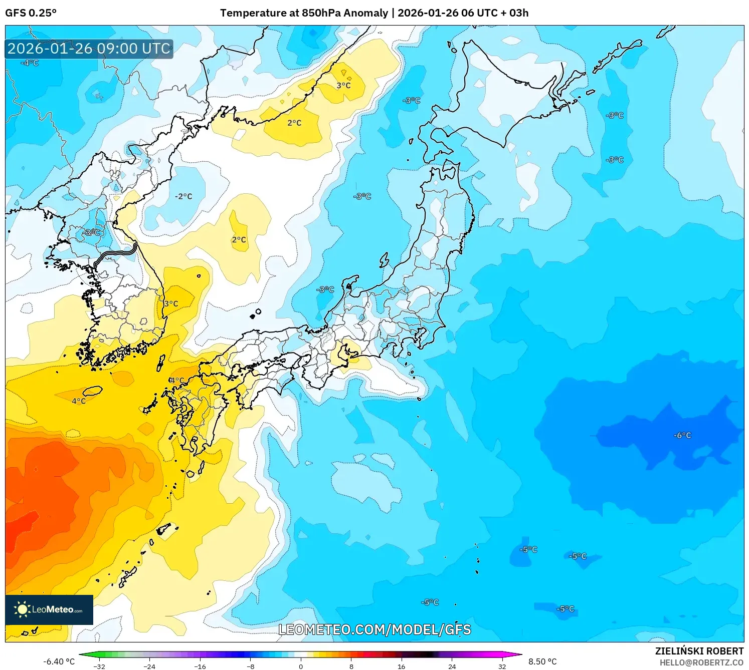 GFS model - Japonya, 850 hPa Sıcaklık Anomalisi