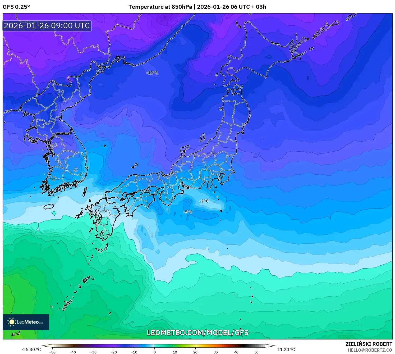 GFS model - Japonya, 850 hPa Sıcaklık
