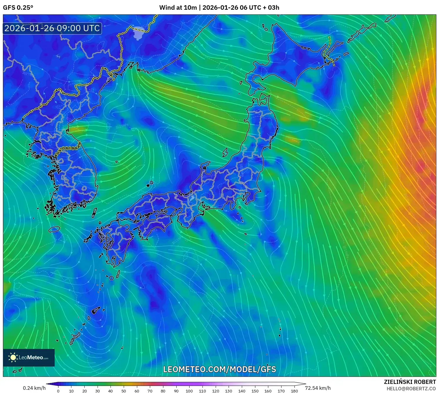 GFS model - Japonya, 10 m Rüzgâr