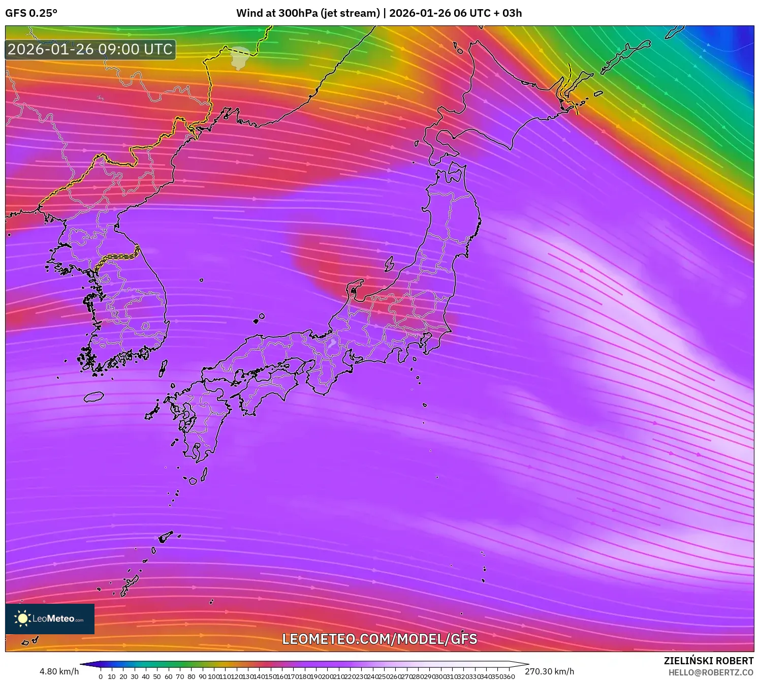 GFS model - Japonya, 300 hPa Rüzgârı (jet)