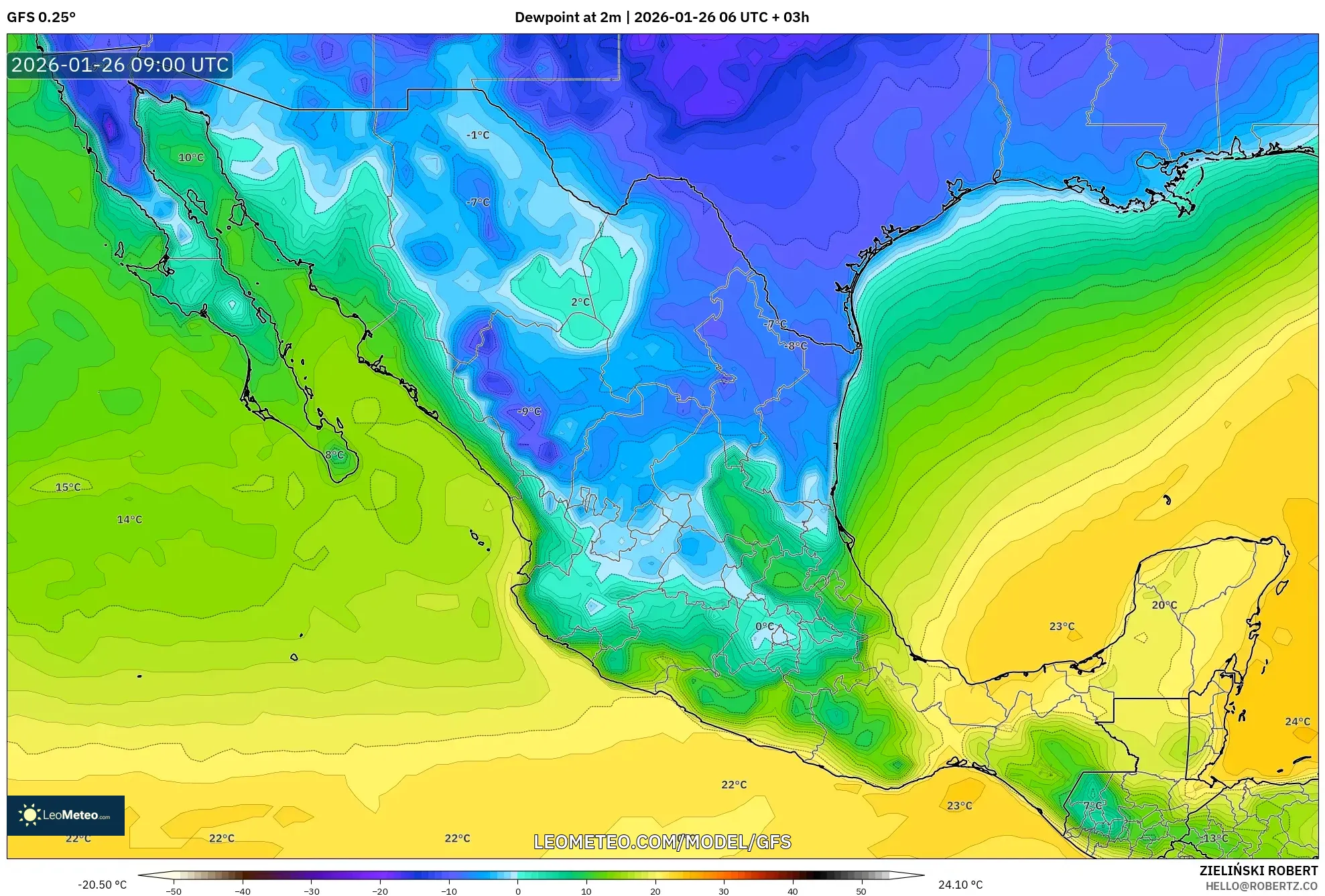 GFS model - Meksika, 2 m Çiy Noktası
