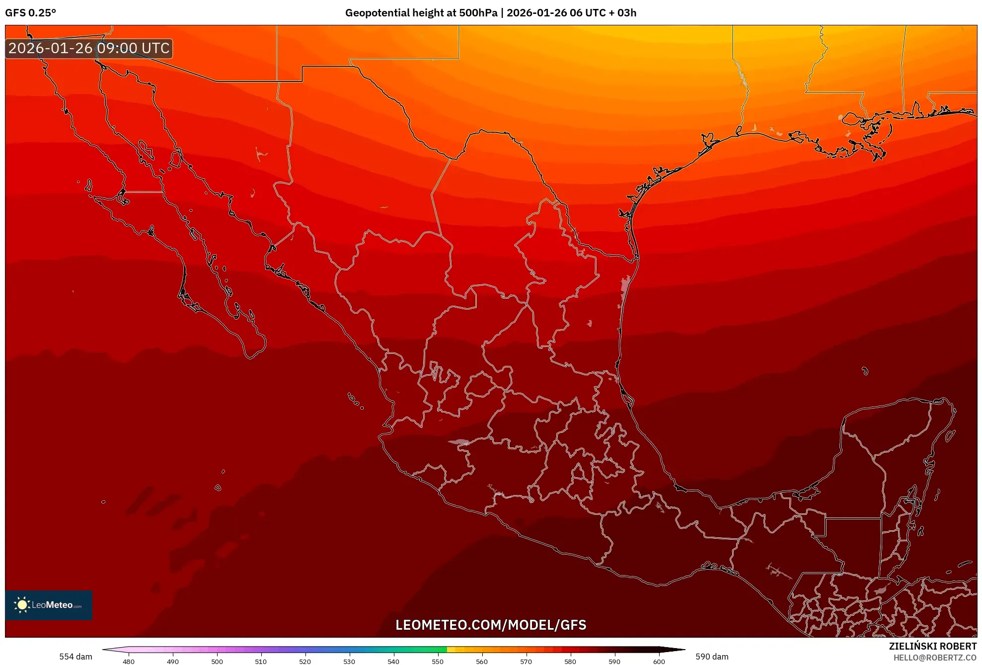 GFS model - Meksika, 500 hPa’da jeopotansiyel yükseklik