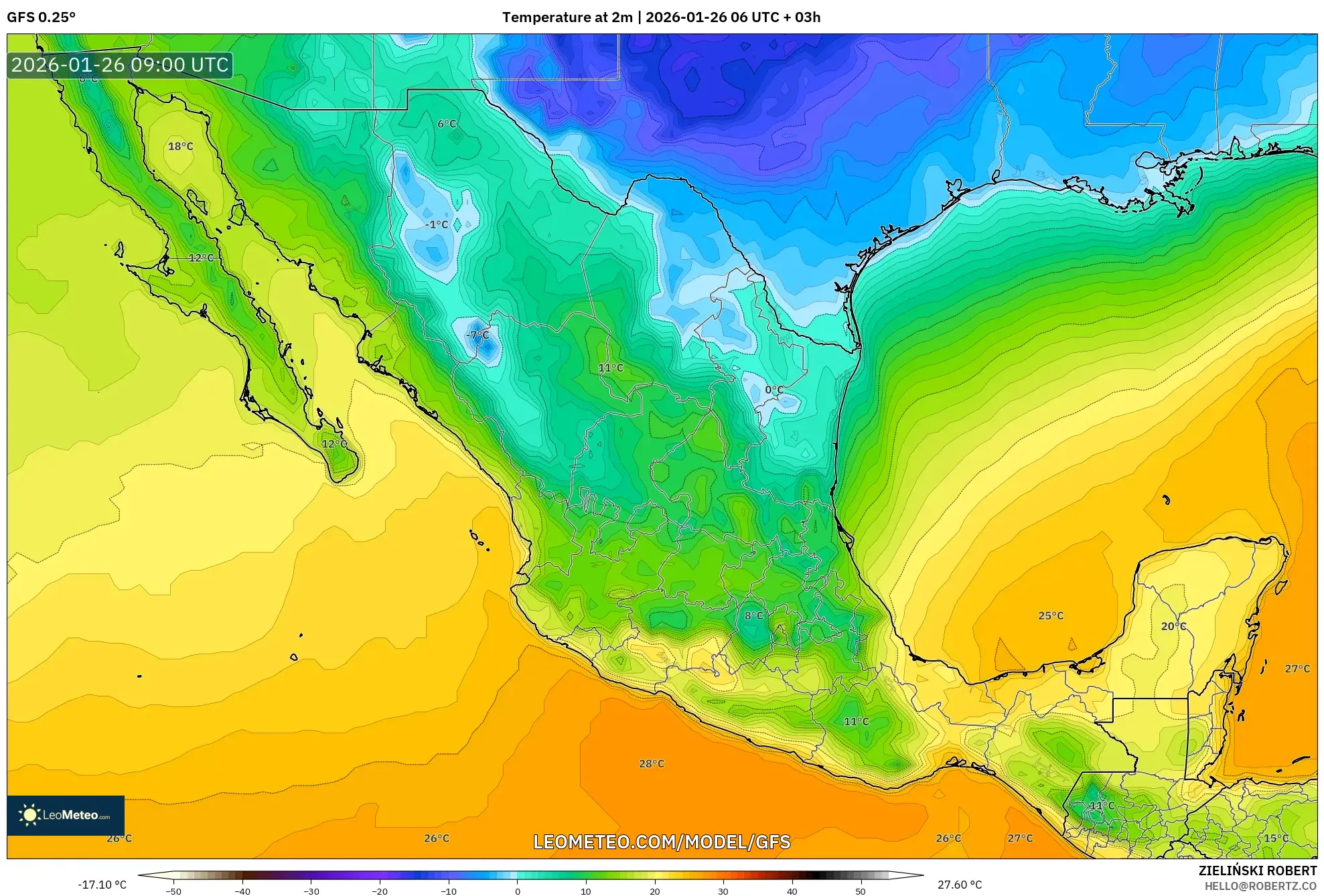 GFS model - Meksika, 2 m Sıcaklık