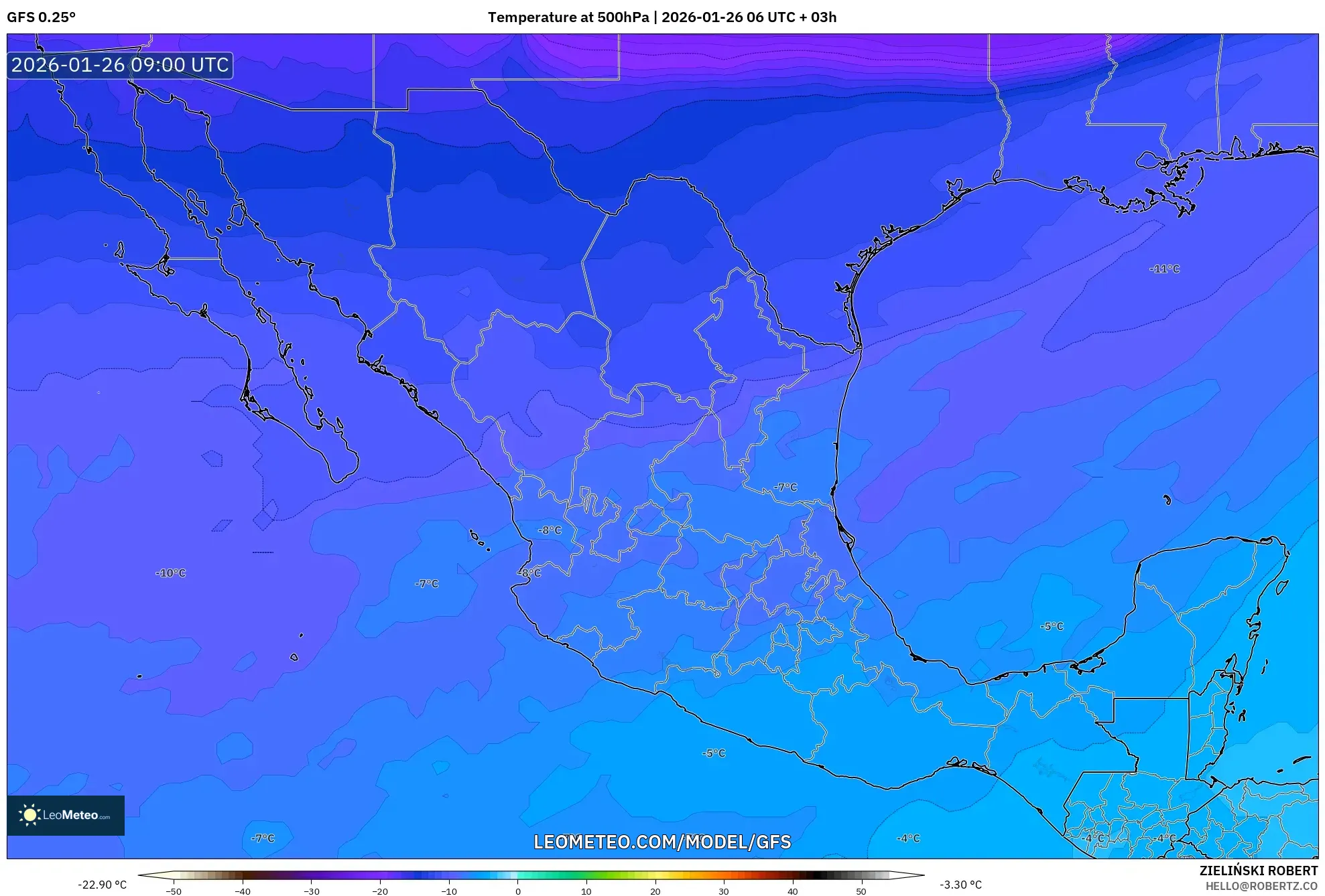 GFS model - Meksika, 500 hPa Sıcaklık
