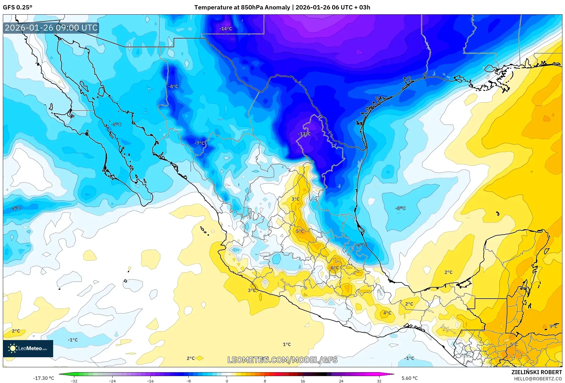 GFS model - Meksika, 850 hPa Sıcaklık Anomalisi