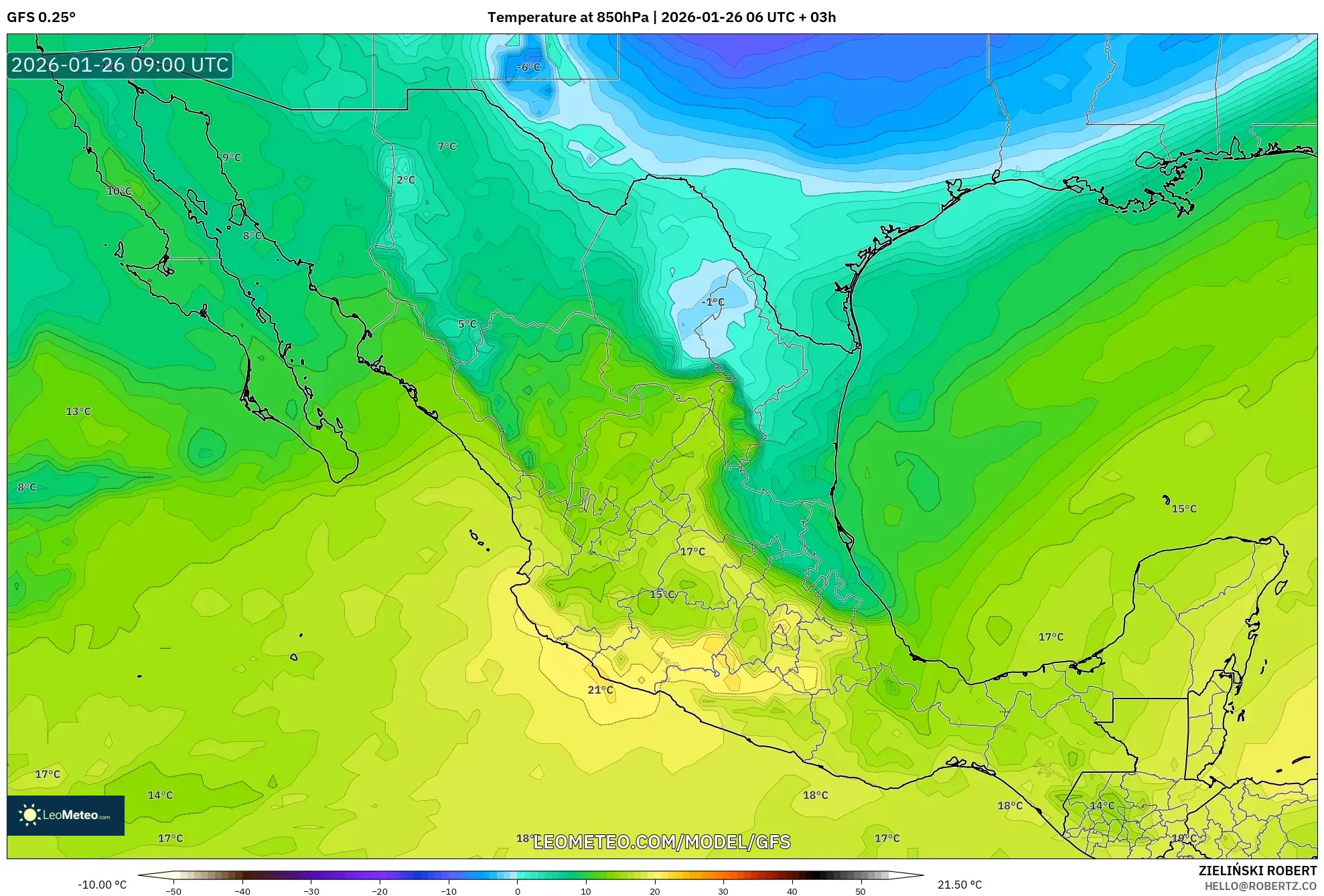 GFS model - Meksika, 850 hPa Sıcaklık