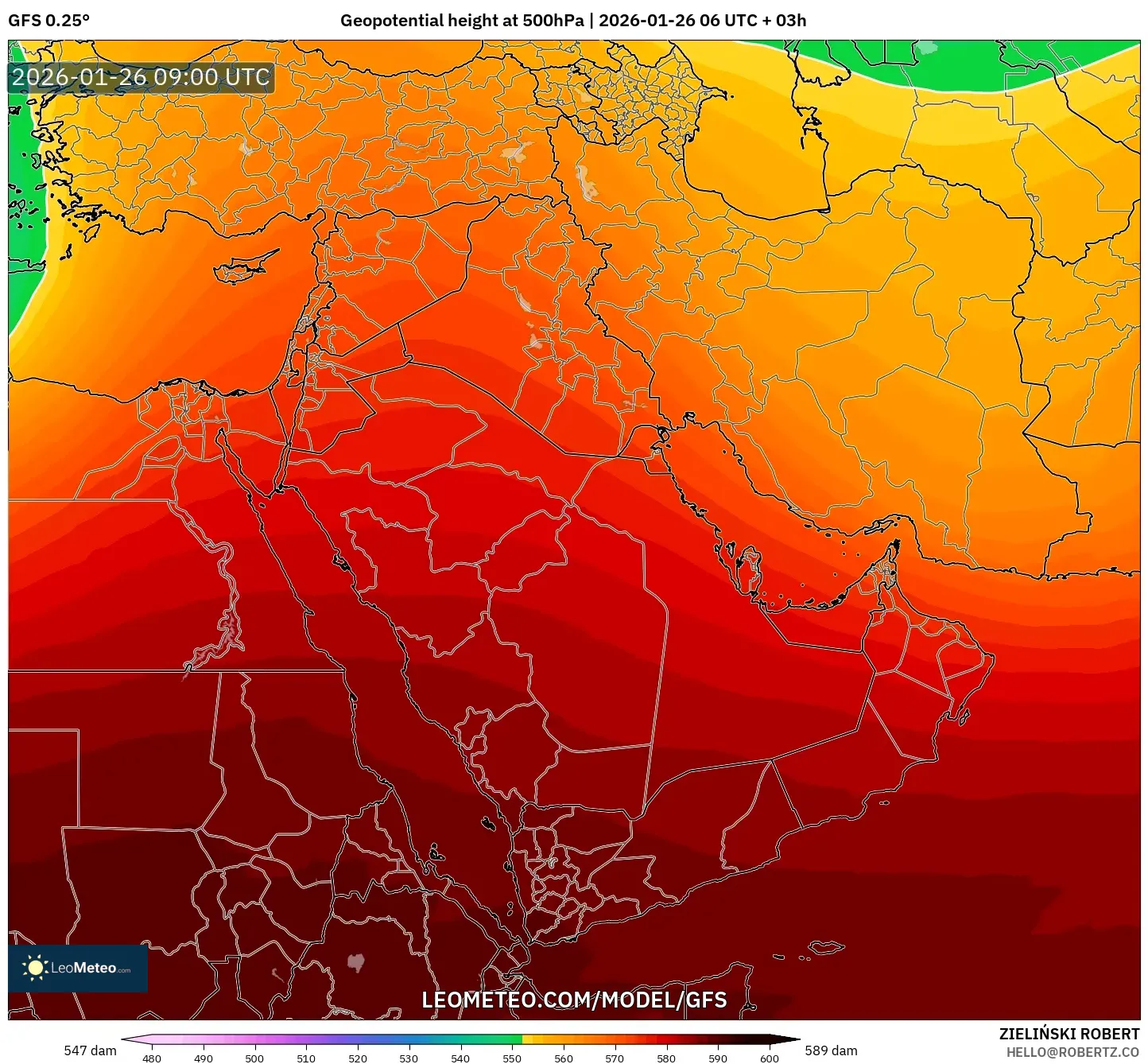 GFS model - Orta Doğu, 500 hPa’da jeopotansiyel yükseklik