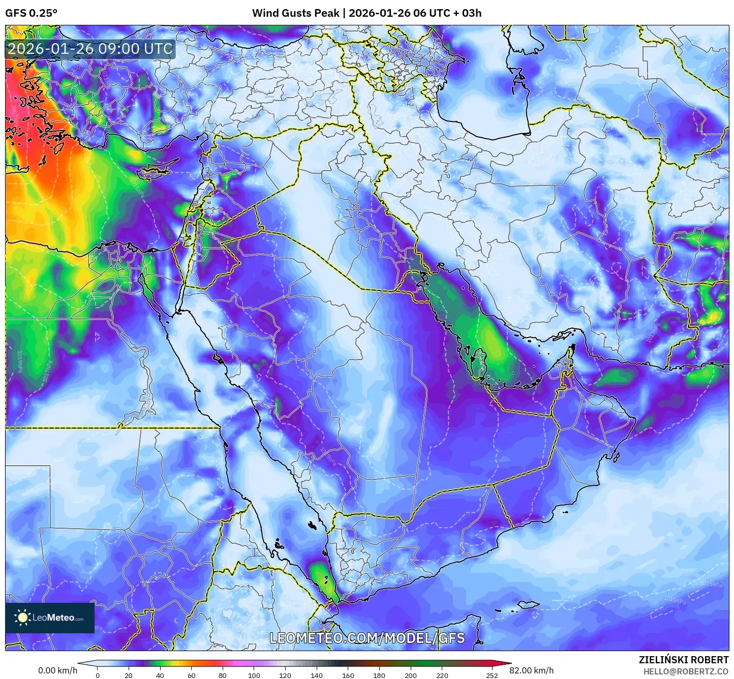 GFS model - Orta Doğu, En Yüksek Rüzgâr